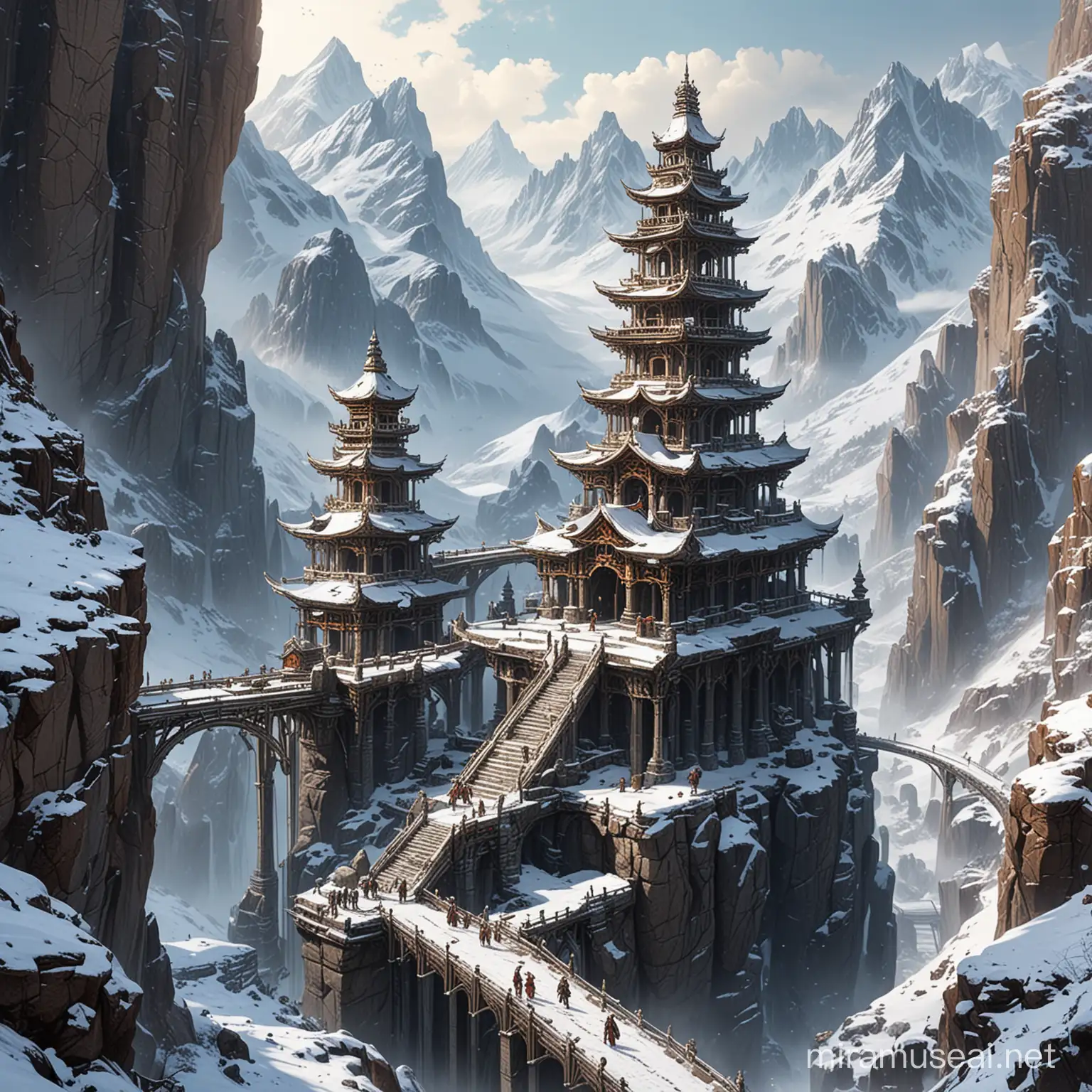un temple Dnd dans les montagnes sous la neige constitué de trois hautes tours chacune sur un pic rocheux, reliées entre elles par des ponts suspendus et des passerelles
