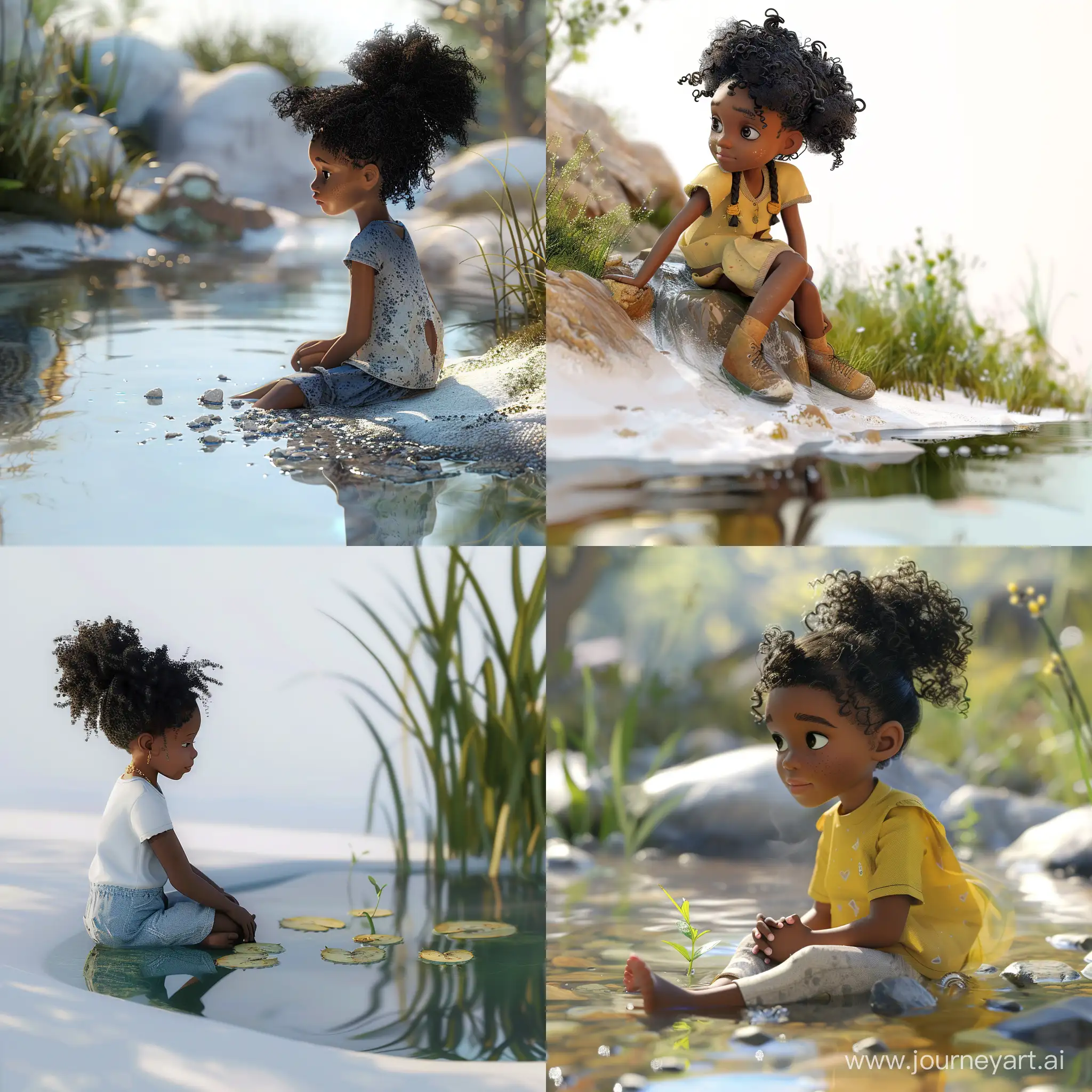 5year old black girl sitting by a spring of water, in the style of a children book illustration, Unreal Engine 5 subsurface scattering, Pixar style, Disney style, 8k, the picture is well lit, large production, white isolated background