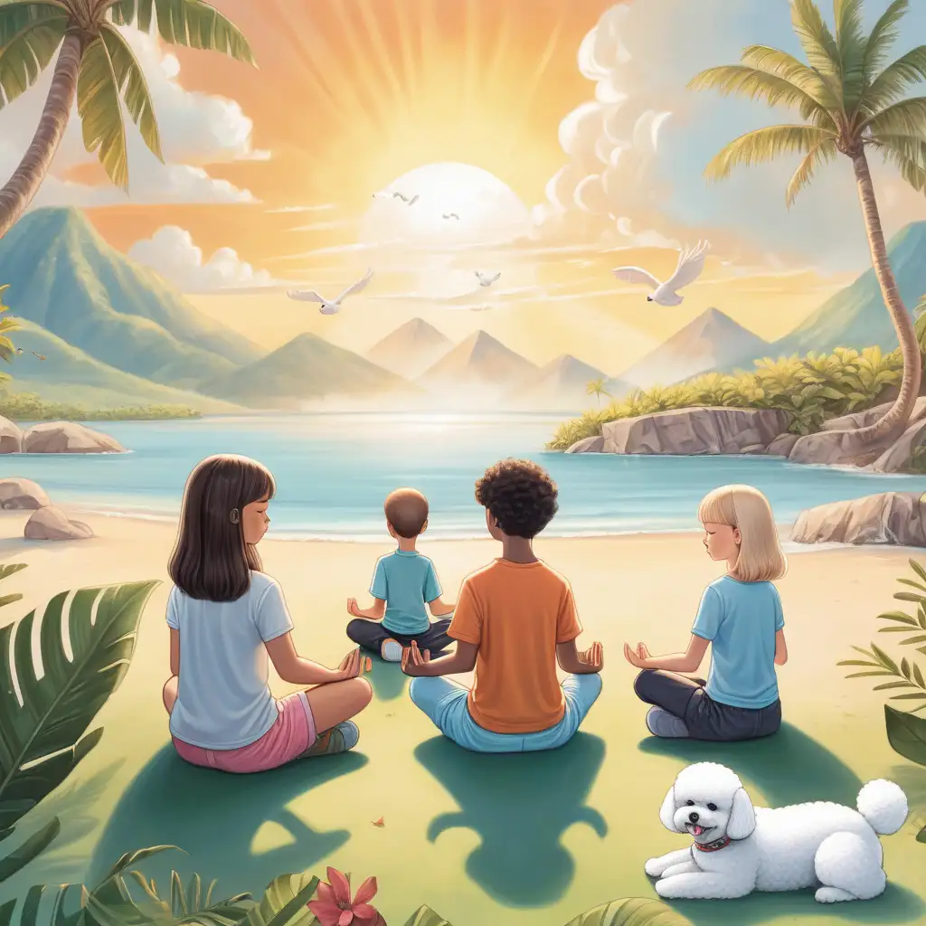 two girls and two boys meditating in paradise with one bichon dog
