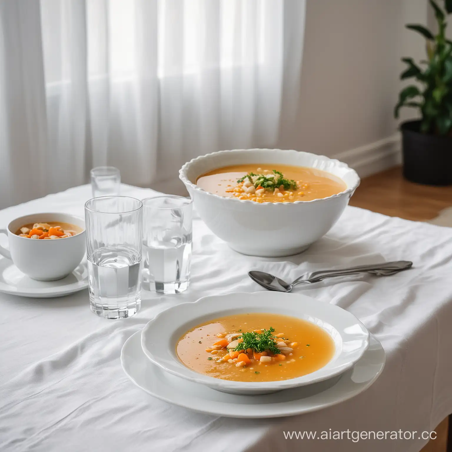 Профессиональное светлое фото: на столе белая скатерть, на ней стоит тарелка, в ней суп.  Рядом стакан с водой. На фоне современная квартира