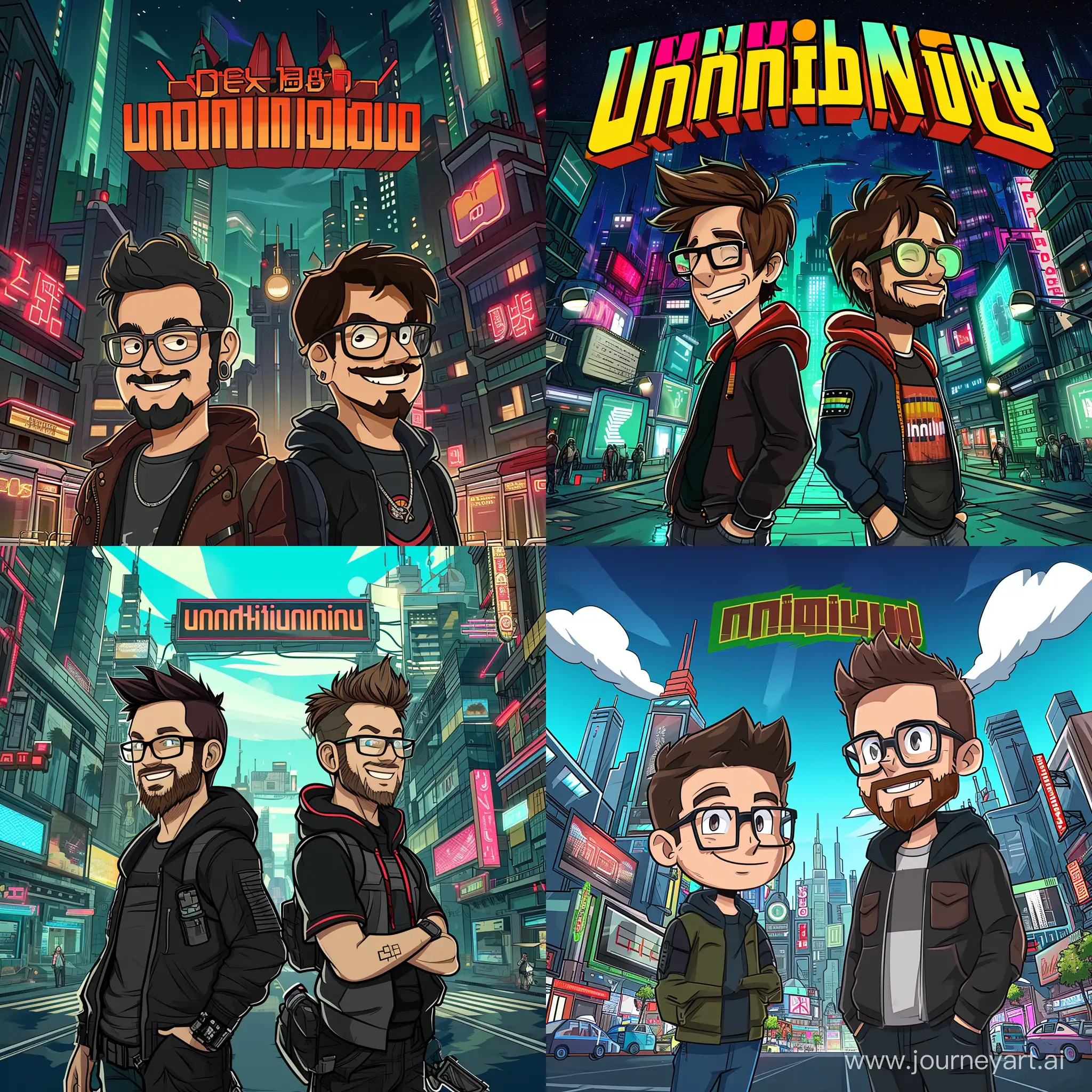 Unnus annus But as a cartoon poster with markiplier and Ethan in a cyberpunk city