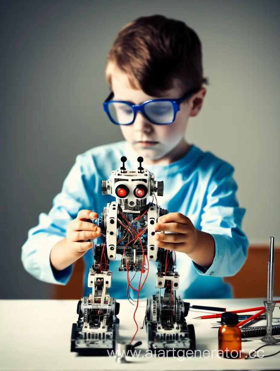 ребенок-ученый строит робота в лабаратории