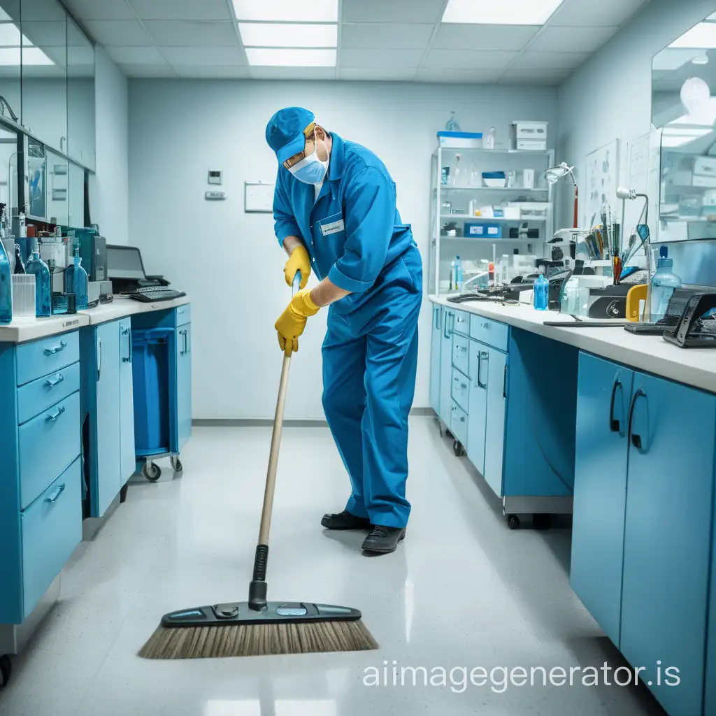 The janitor in a blue suit is sweeping in the laboratory