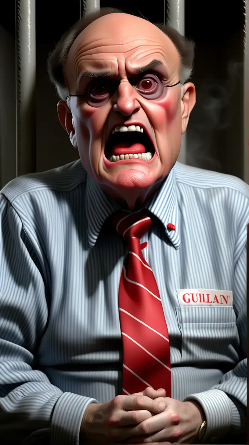 Rudy Giuliani in prison striped clothes and a red long tie sitting in a prison cell, livid, yelling, vivid, smoking ears, prison bars shadows behind him