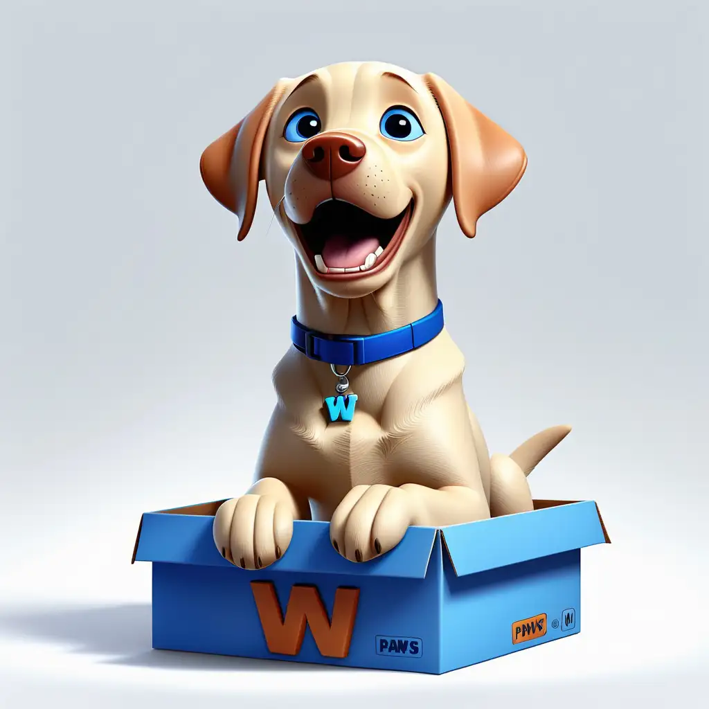 labrador dog in 3d illustration, white background, blue colar on neck with a W on it, pixar style, closed mouth, 100% white background, paws on top of box







