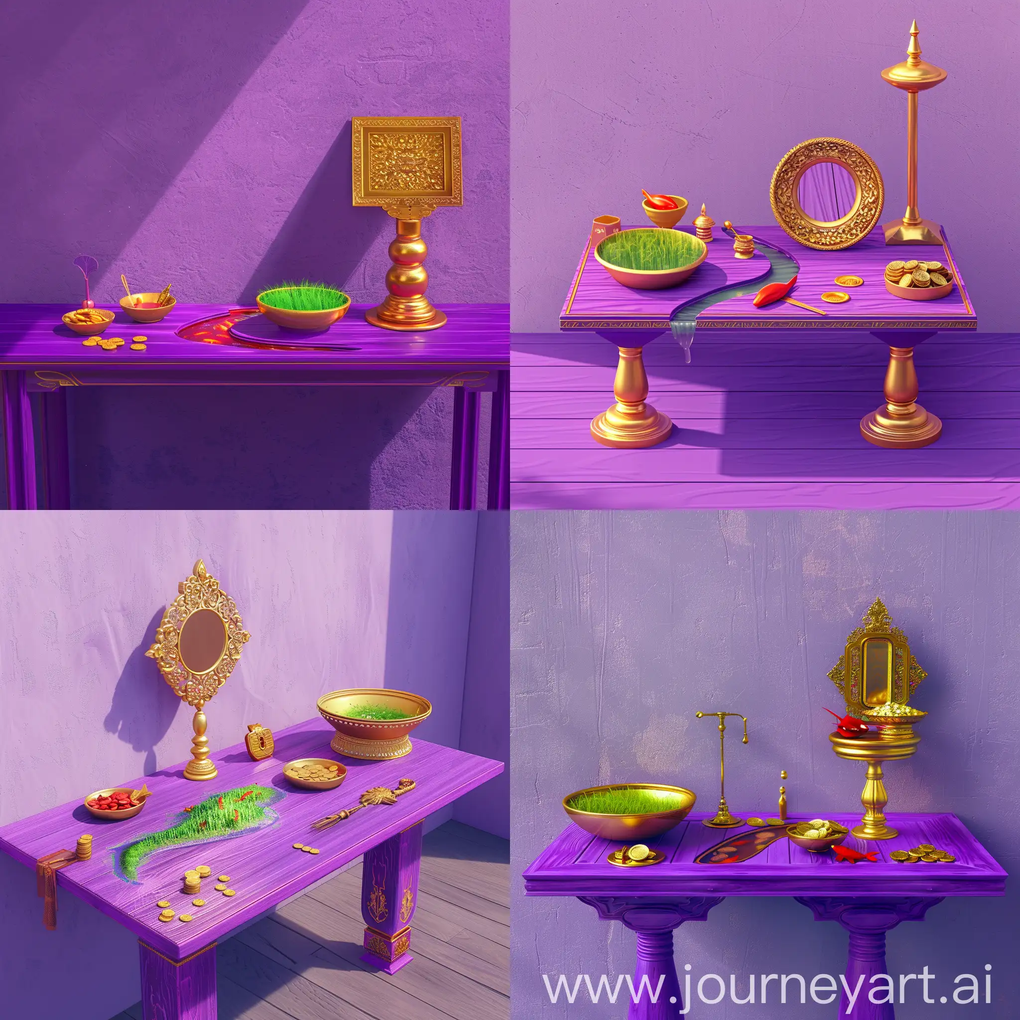 Vibrant-Wooden-Table-with-Golden-Bowls-and-Mirror