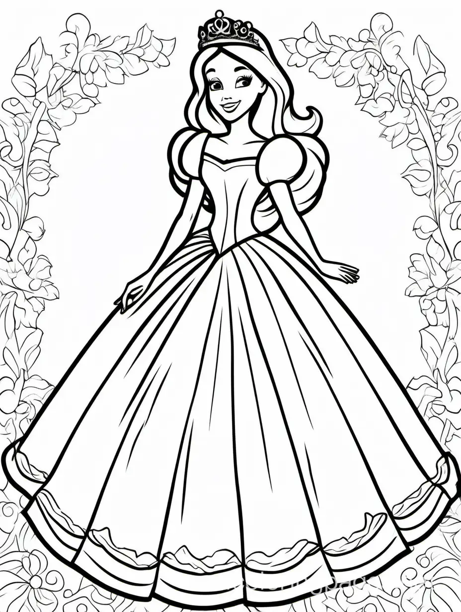 princess in regal puffy ballgown and tiara, Coloring Page, black and white, line art, white background, Simplicity, Ample White Space. The background of the coloring page is plain white to make it easy for young children to color within the lines. The outlines of all the subjects are easy to distinguish, making it simple for kids to color without too much difficulty