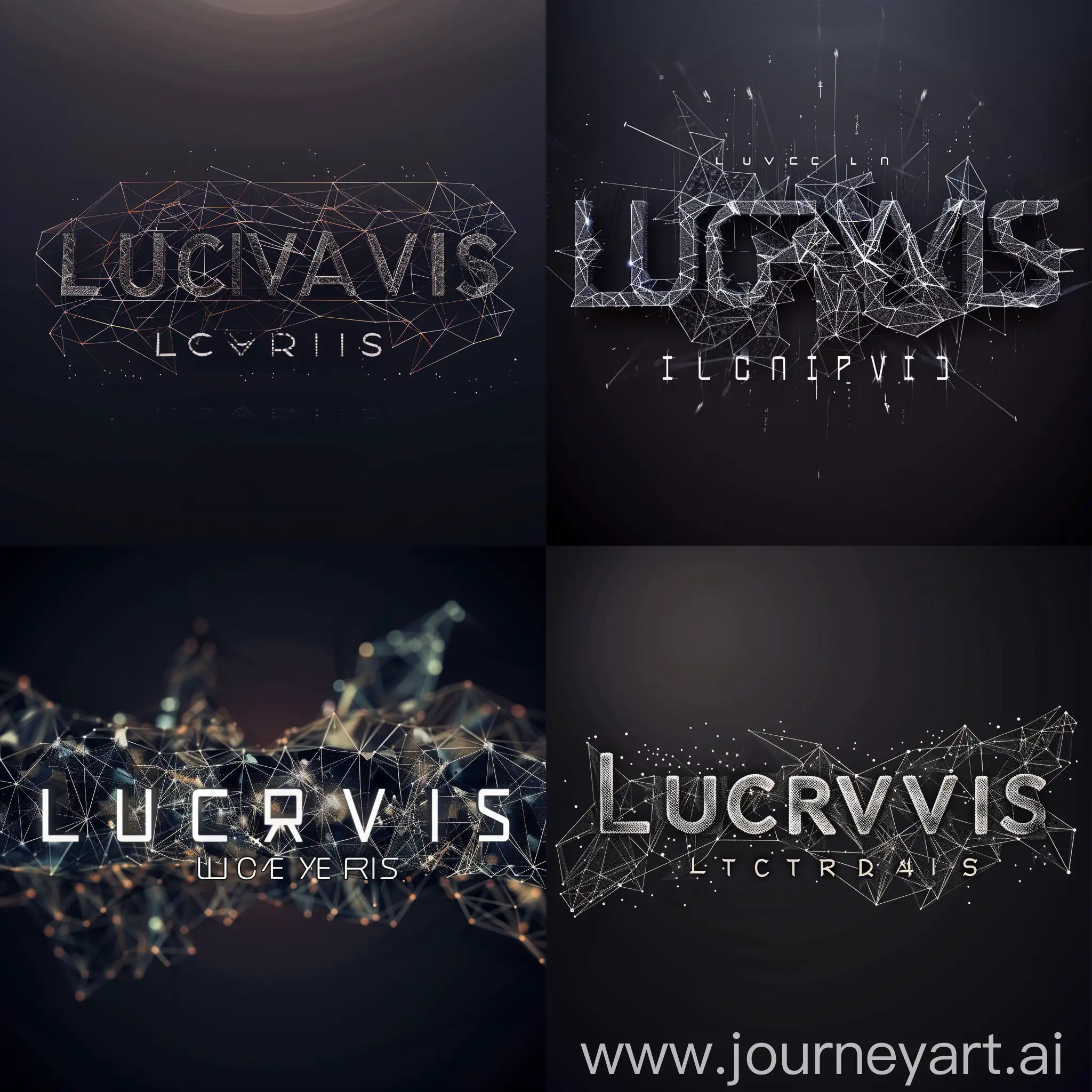 A sleek and futuristic digital font styled in a low poly art form, featuring the name "Lucravis." The letters are composed of interconnected geometric shapes and lines, creating a network-like mesh effect. The overall design gives off a high-tech, cyberpunk vibe, showcasing a modern and innovative approach to typography.