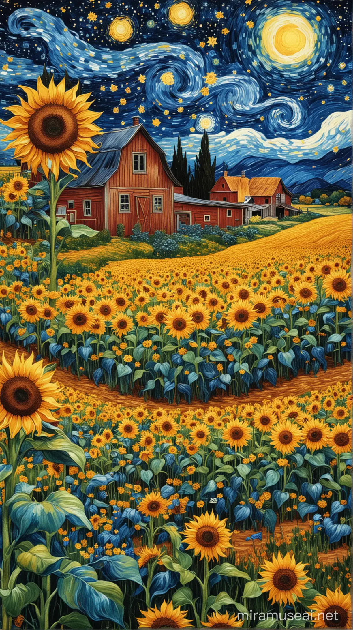 Sunflower Farm with Van Goghs Starry Night Design