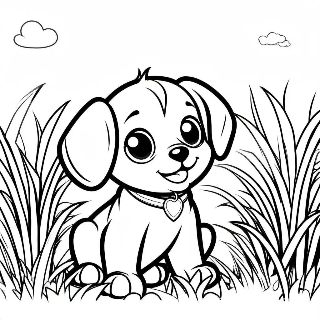 Adorable-Puppy-Sitting-on-Lush-Green-Grass-Kids-Coloring-Page