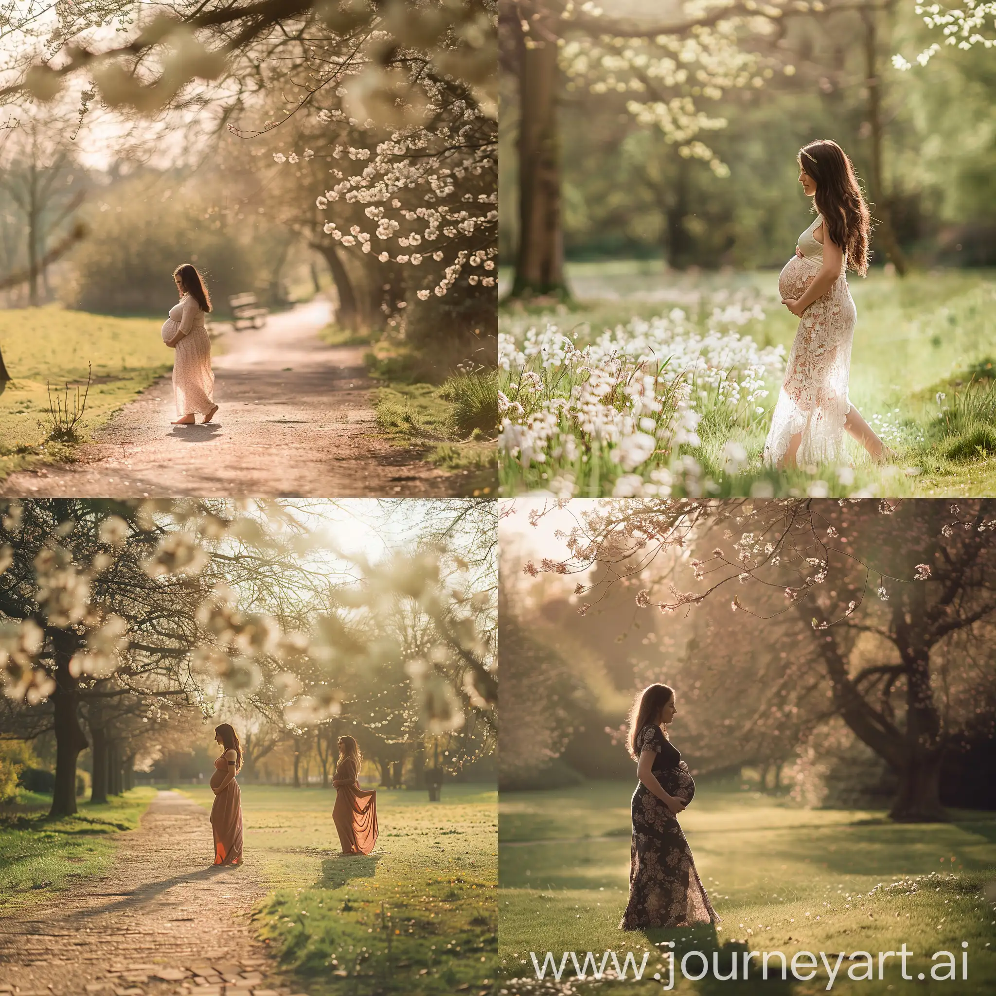 Create backgrounds for advertising spring photo shoots Design, realistic photo of  for a Maternity Photo Session in Leamington Spa, pregnant woman in a park from distance 