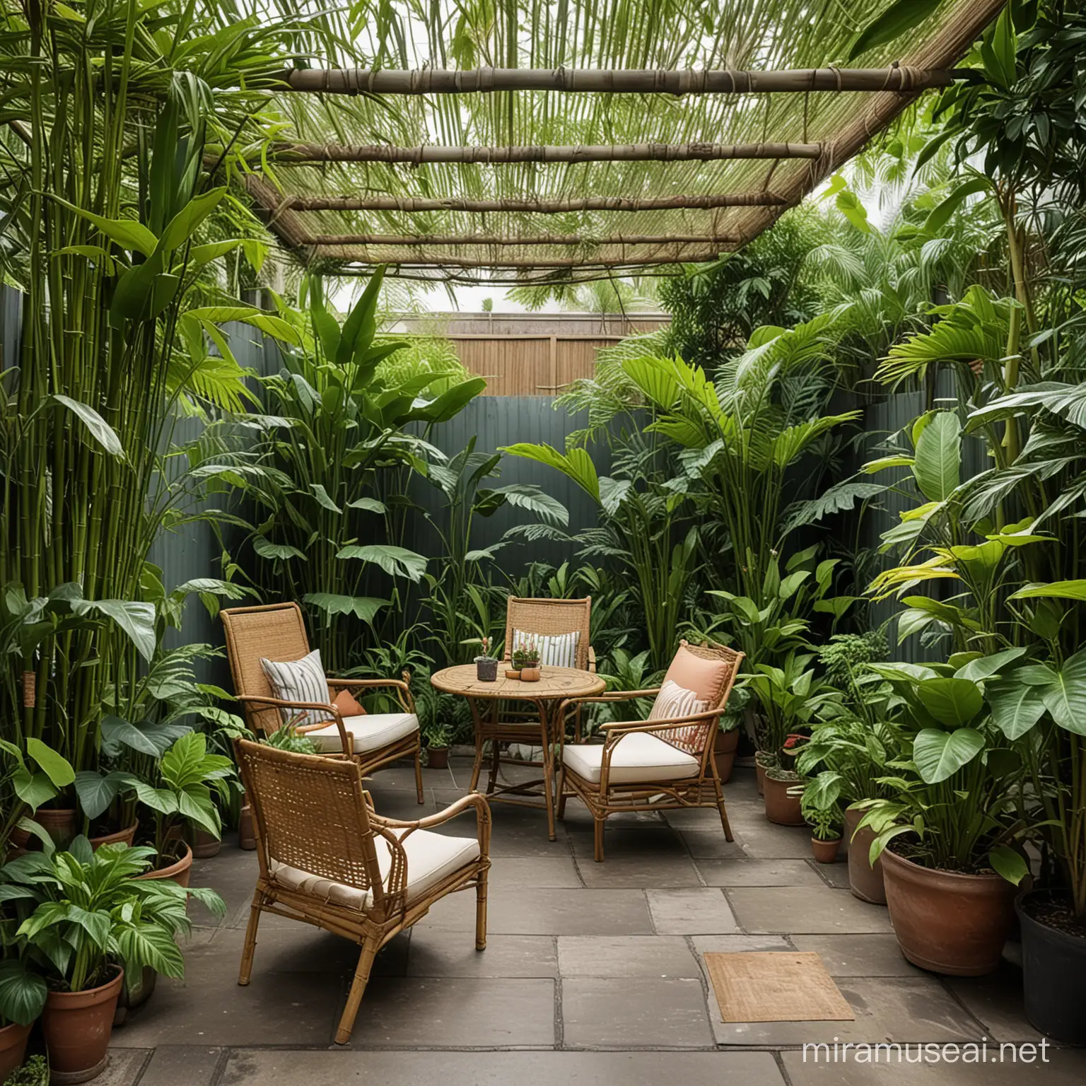a small, lush rooftop garden with tropical plants, garden chairs, a table, the edges of the roof are circumvented by a bamboo fence