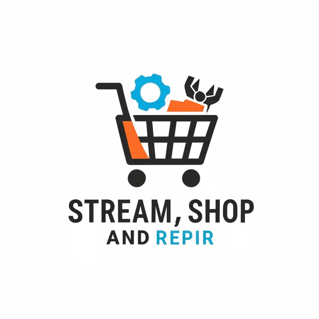 a logo design,with the text "Stream, Shop And Repair", main symbol:Shopping cart, streaming icon and Phone repair tools,Moderate,be used in Entertainment industry,clear background