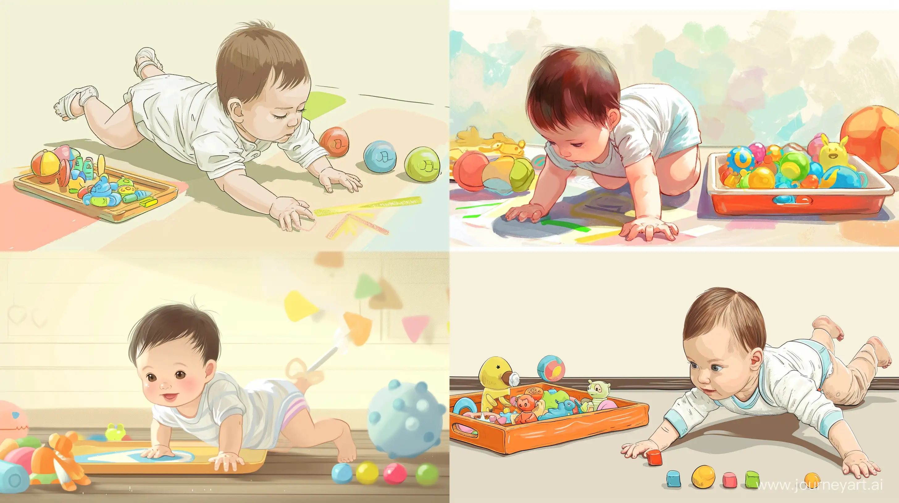 anime style, cute, a baby crawling in front of a tray of toys, hand hold a chalk, simple background, simple --q 2 --v 6 --ar 16:9
