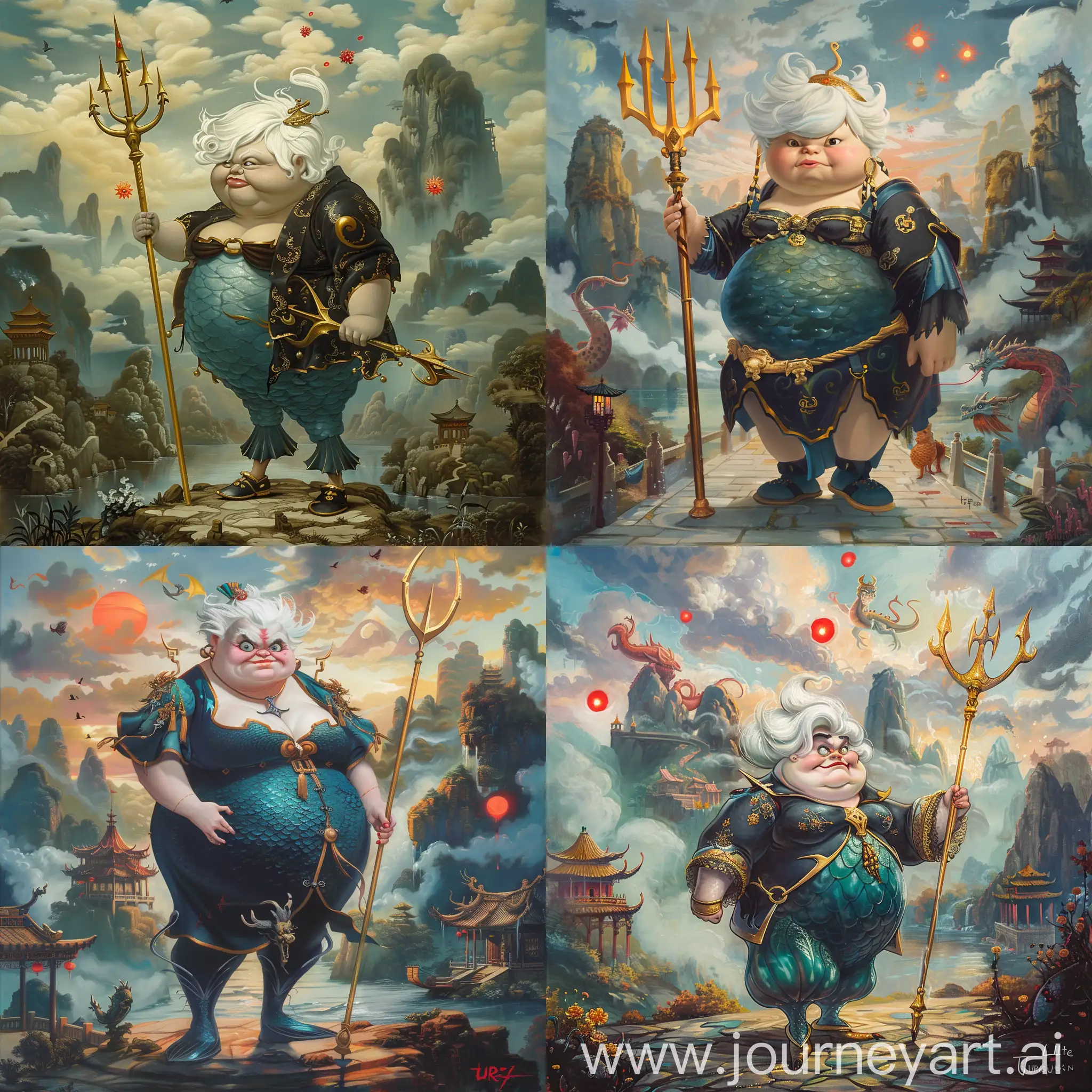 Historic painting style:

a Disney female Danish chubby villain, Ursula, from Little Mermaid cartoon, she is chubby and ugly,  she has white short hair, she wears deep azure and black color Chinese style medieval clothes and shoes, she holds a golden trident in right hand,

Chinese Guilin mountains and temple as background,  evil iced dragons and three small red blood suns in cloudy sky.