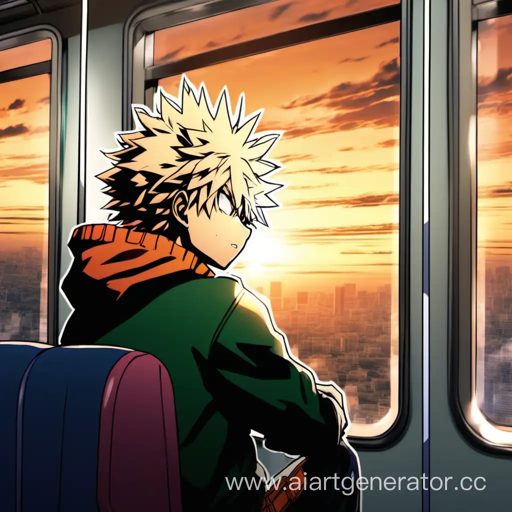 Аниме Моя Геройская Академия. Персонаж Кацуки Бакуго. Сидит в автобусе и смотрит в окно. На улице закат. Он слушает музыку. Плачет.