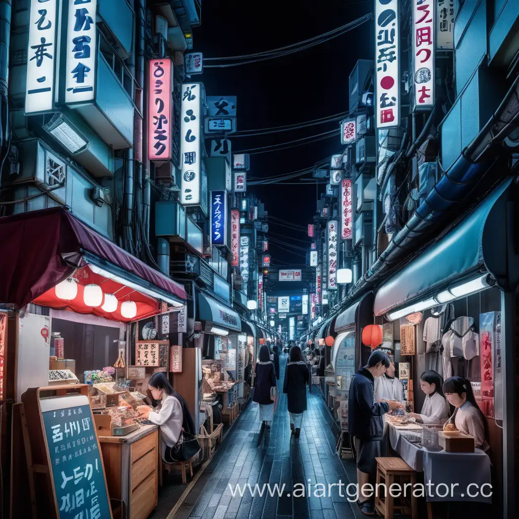 Seitengasse im futuristischen Tokyo. Zu sehen sind viele Verkäufer rechts und links mit Neon Tafeln in der Nacht. 