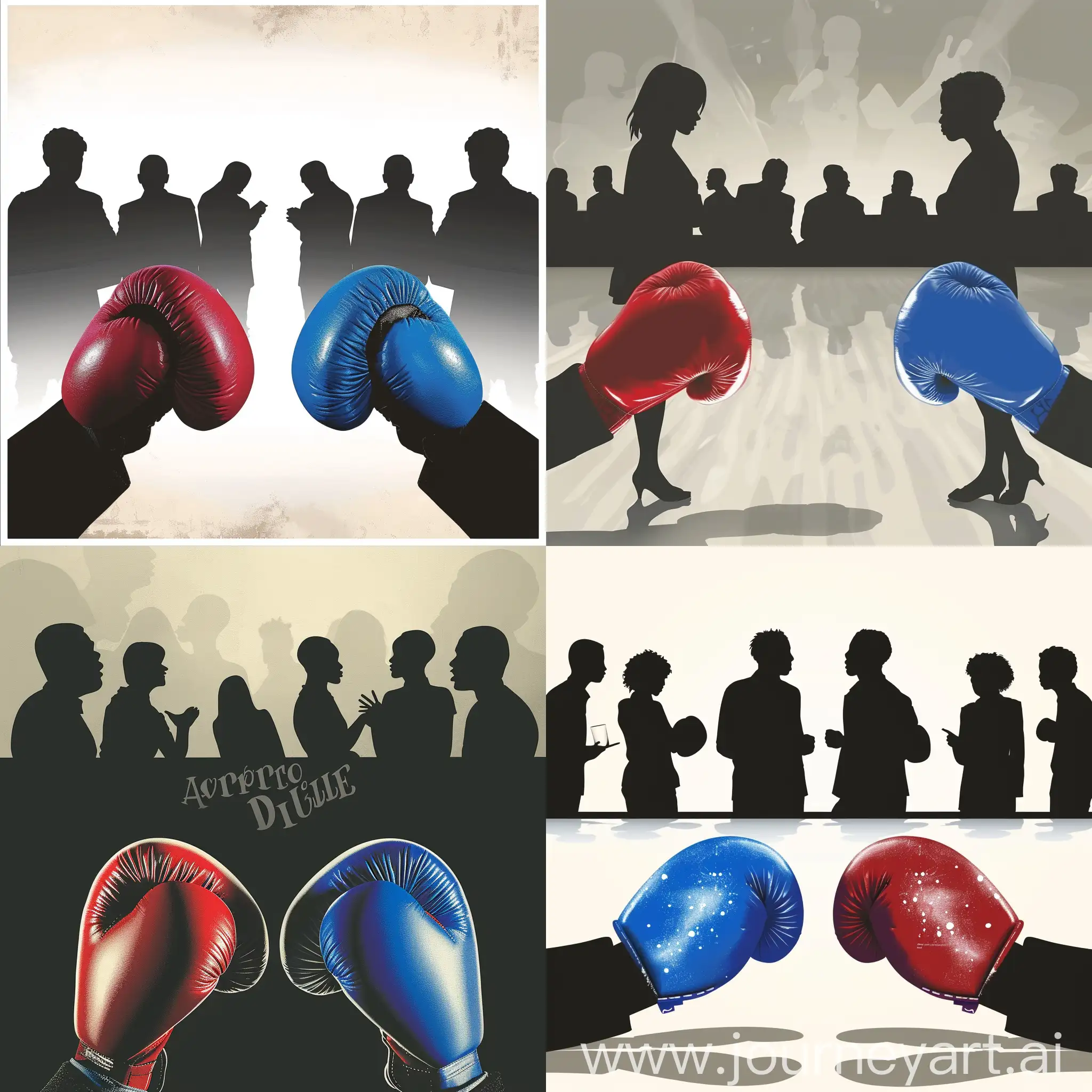 a poster, style realistic, about a debate meeting called Apero Dileme, where two ideas are fighting. I want to have two boxe gloves, red and blue, representing each opinion. I want silouette of black people in backgroung discussing 

