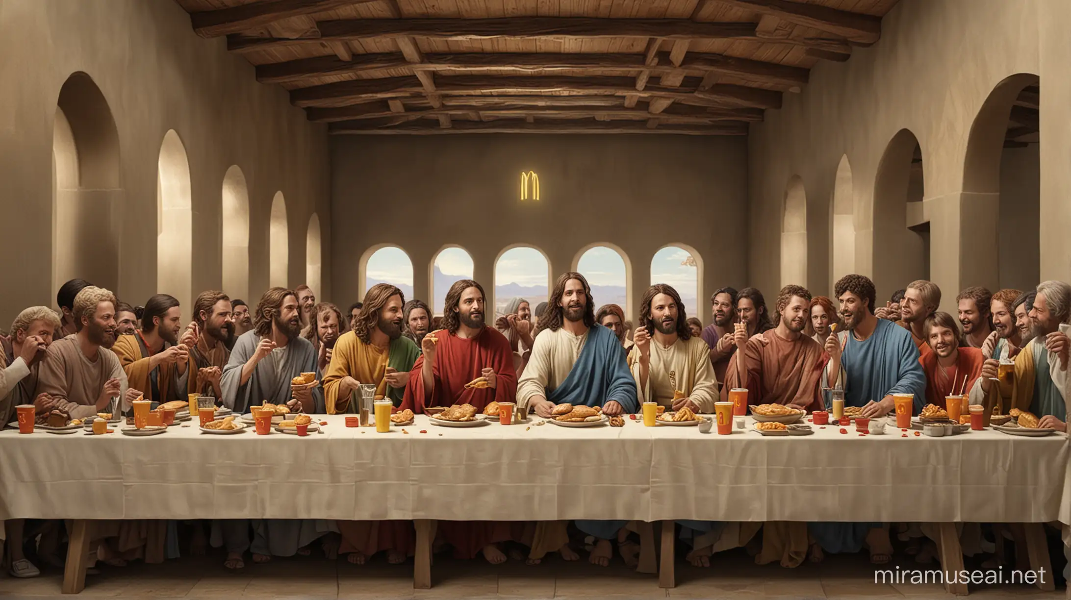 the last supper but is set in a McDonald's, Jesus having an happy meal, correct anatomy 
