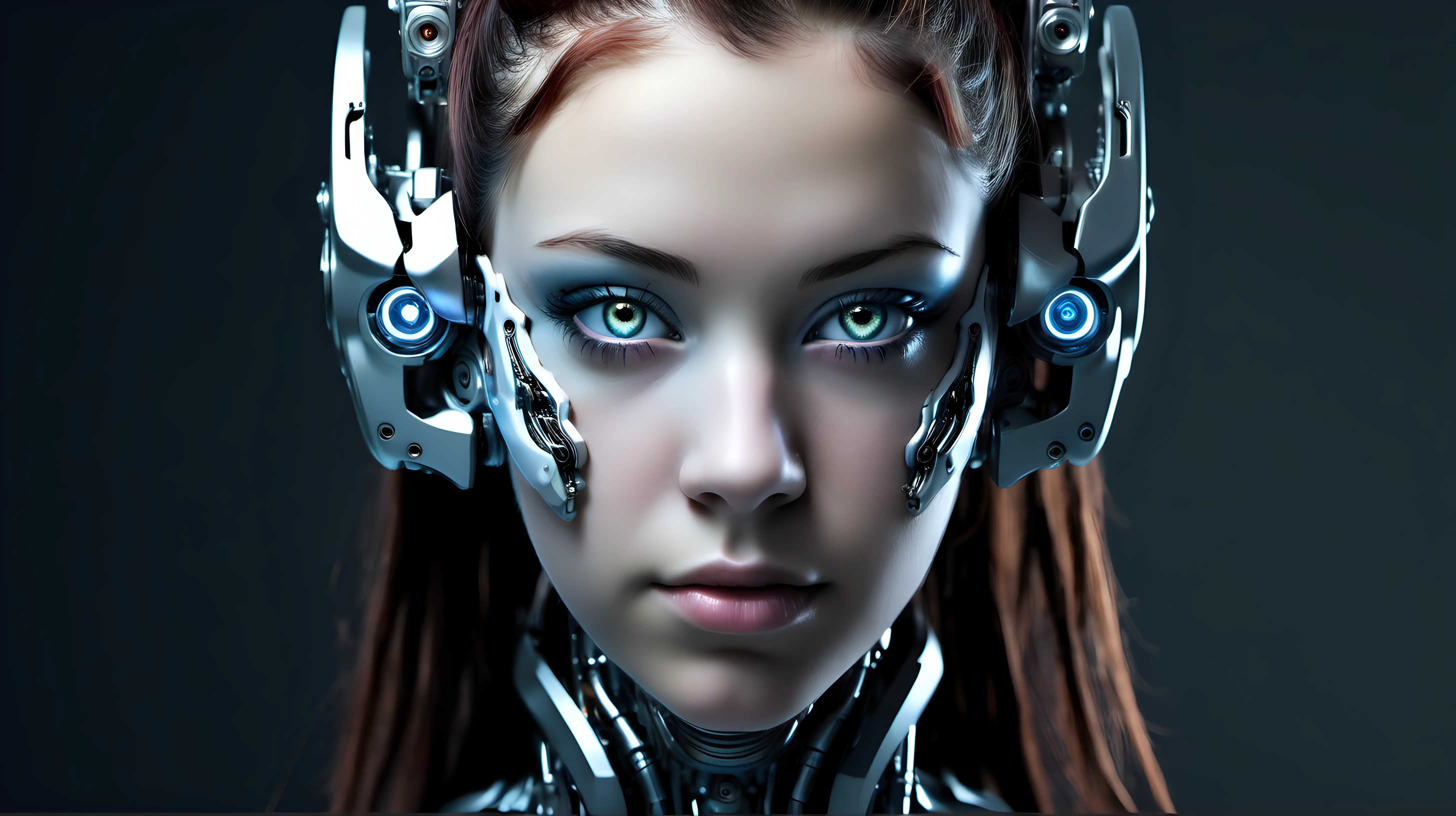 Cyborg woman, 18 years old. She has a cyborg face, but she is extremely beautiful. Natural eyes. She has beautiful ears.