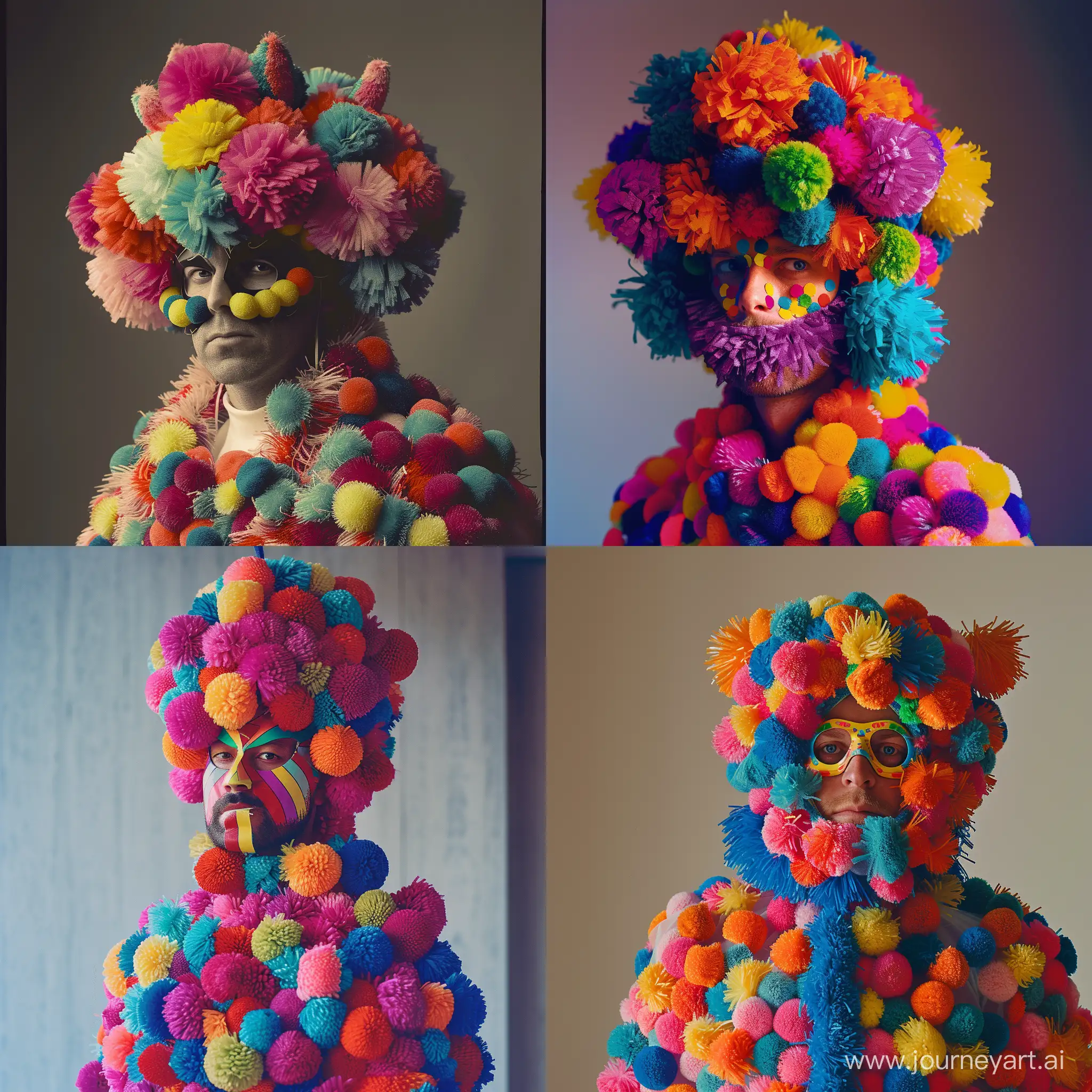 Man in a costume of multicoloured pom-poms, mask on his face made of pom-poms, bright contrasting colours, minimalistic monochrome background, Kodak, Realistic