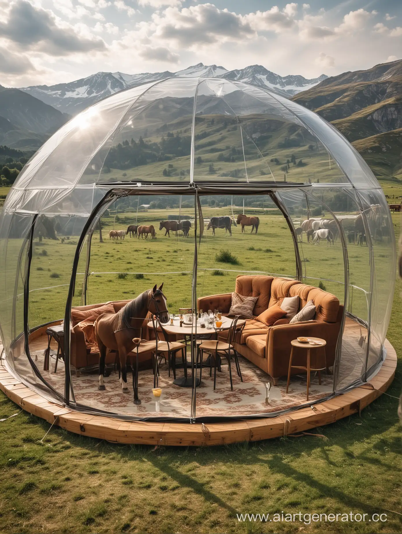 Alpine-Dining-Experience-People-Enjoying-Meals-in-a-Transparent-Tent-Surrounded-by-Majestic-Mountains-and-Grazing-Horses