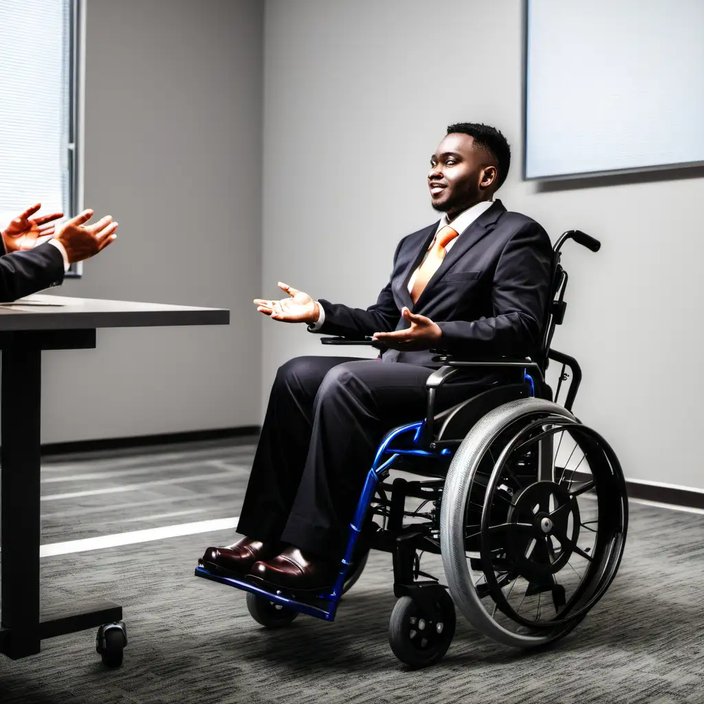 Person in power wheelchair at job interview