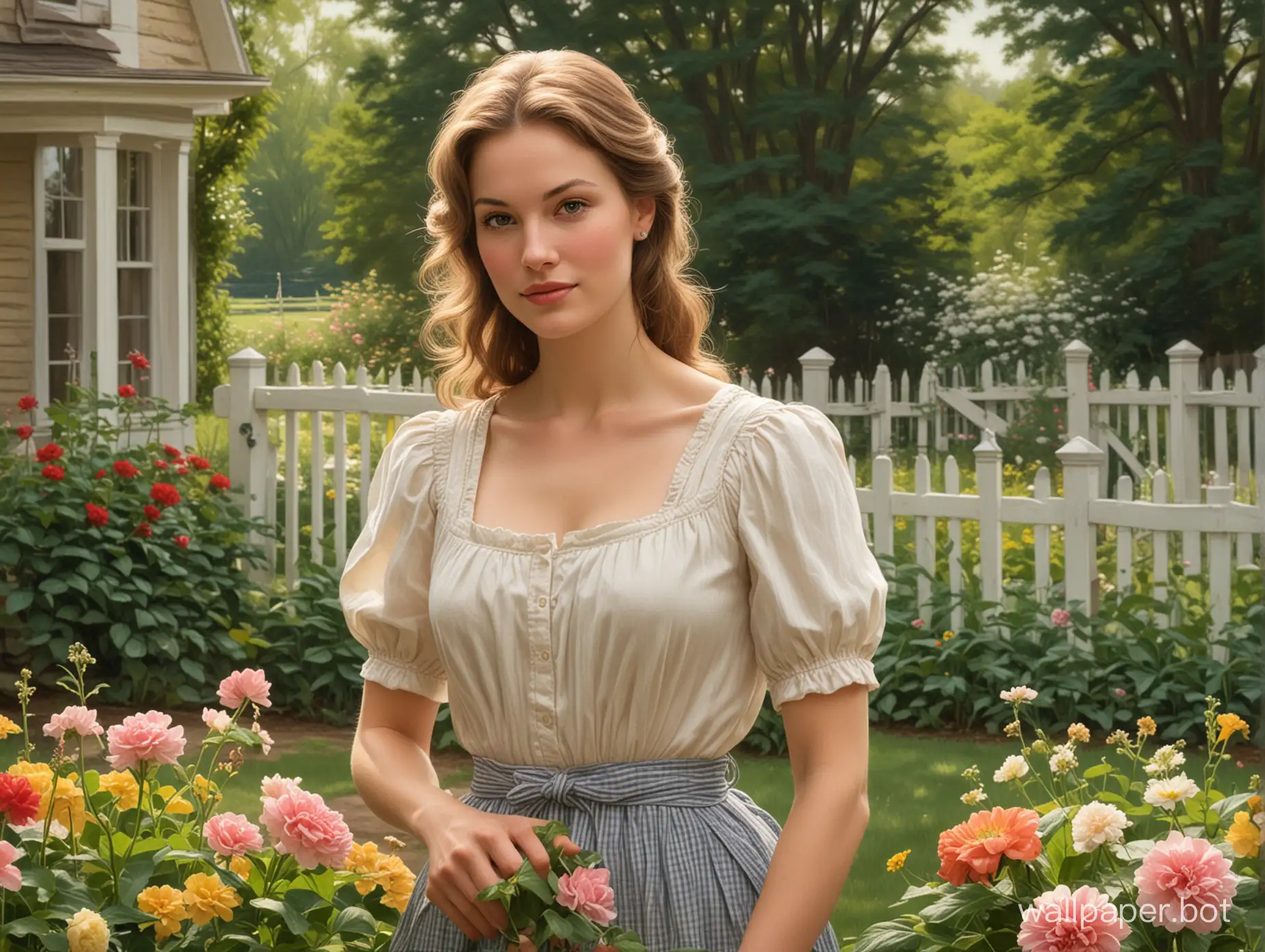 A beguiling and captivating figure of innocent and wholesome, yet tantalizing and alluring feminine beauty of an American farm wife as she tends her garden, painting