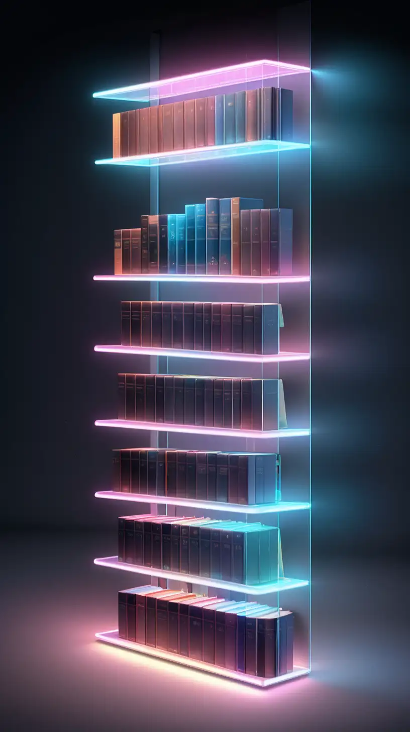 3D ai hologram  long book shelfs with digital glowing books