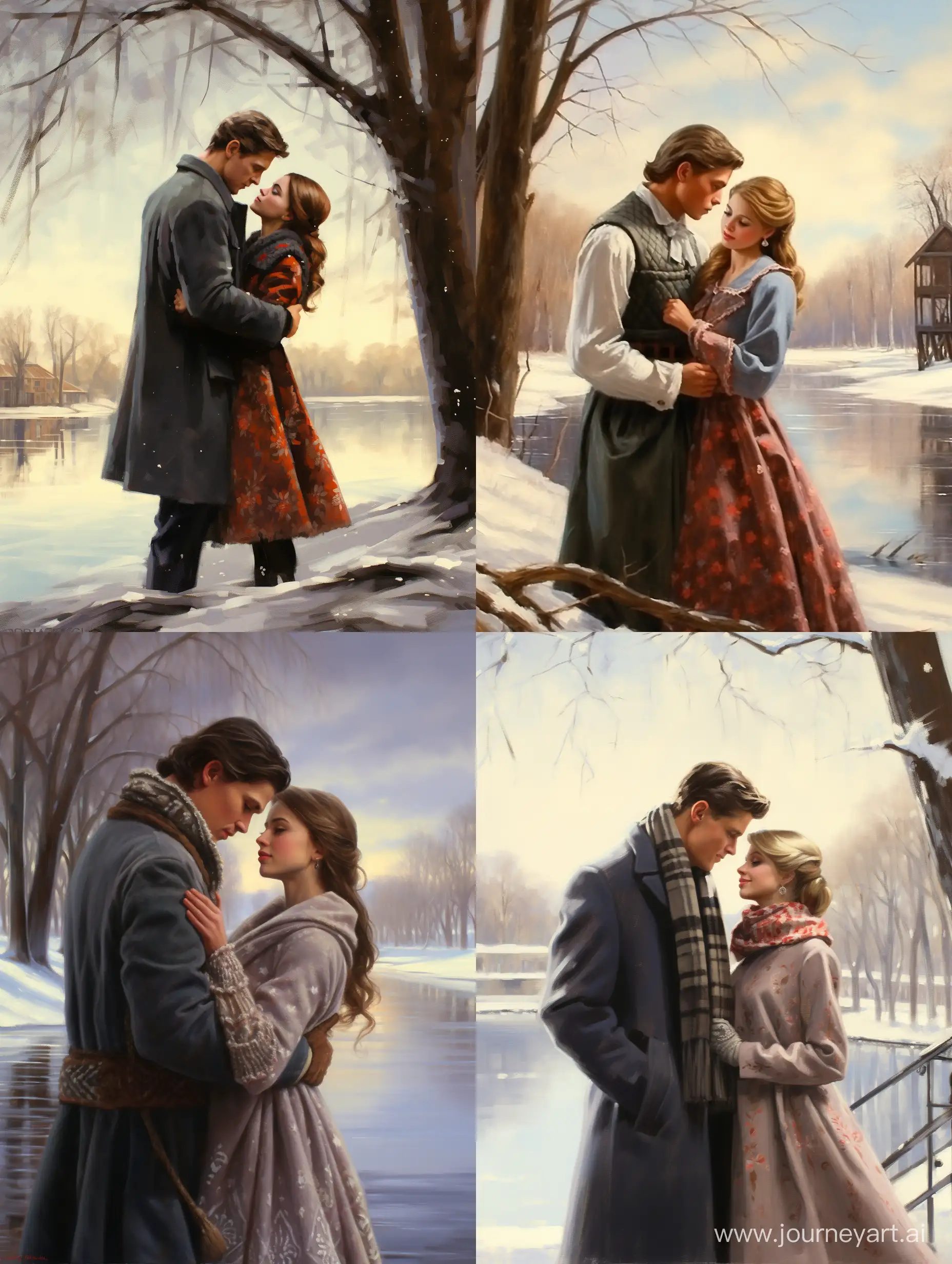Romantic-Encounter-on-the-Winter-Riverbank-Beautiful-European-Couple-in-a-34-Aspect-Ratio
