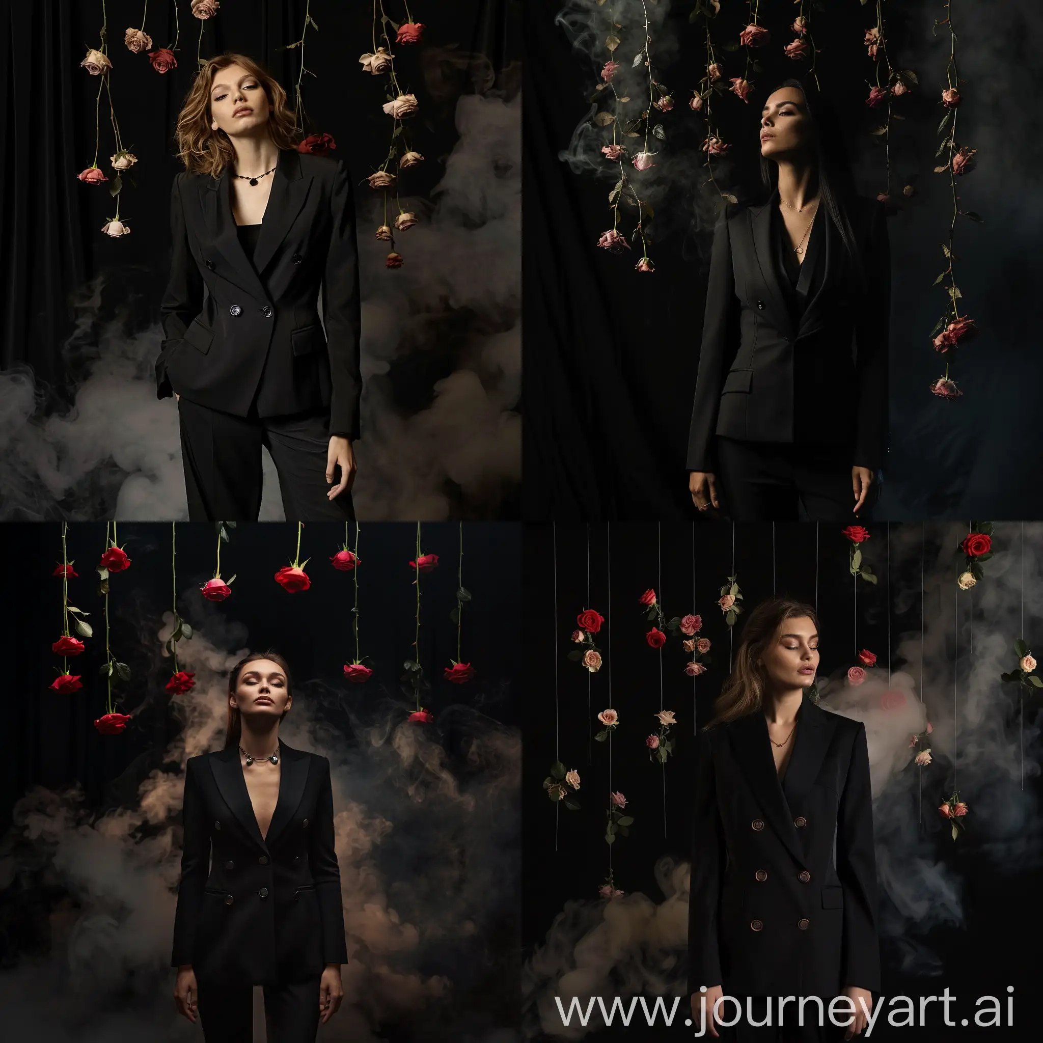 Elegant-Woman-in-Black-Suit-with-Roseinfused-Smoke-on-Dark-Background