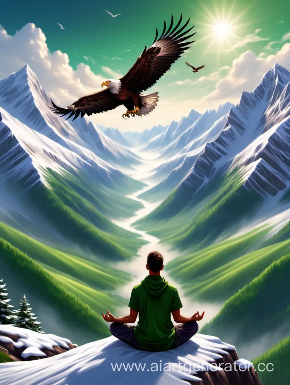 В горах в позе медитации сидит молодой мужчина/ горы покрыты снегом, внизу красивая зелёная долина, высоко в небе летит орел
