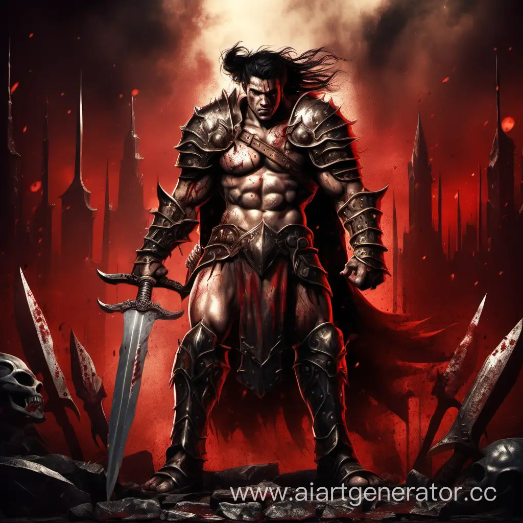 Seraph, Bulky Male Barbarian Warrior in Leather armor with  Two-handed sword, Bloody background