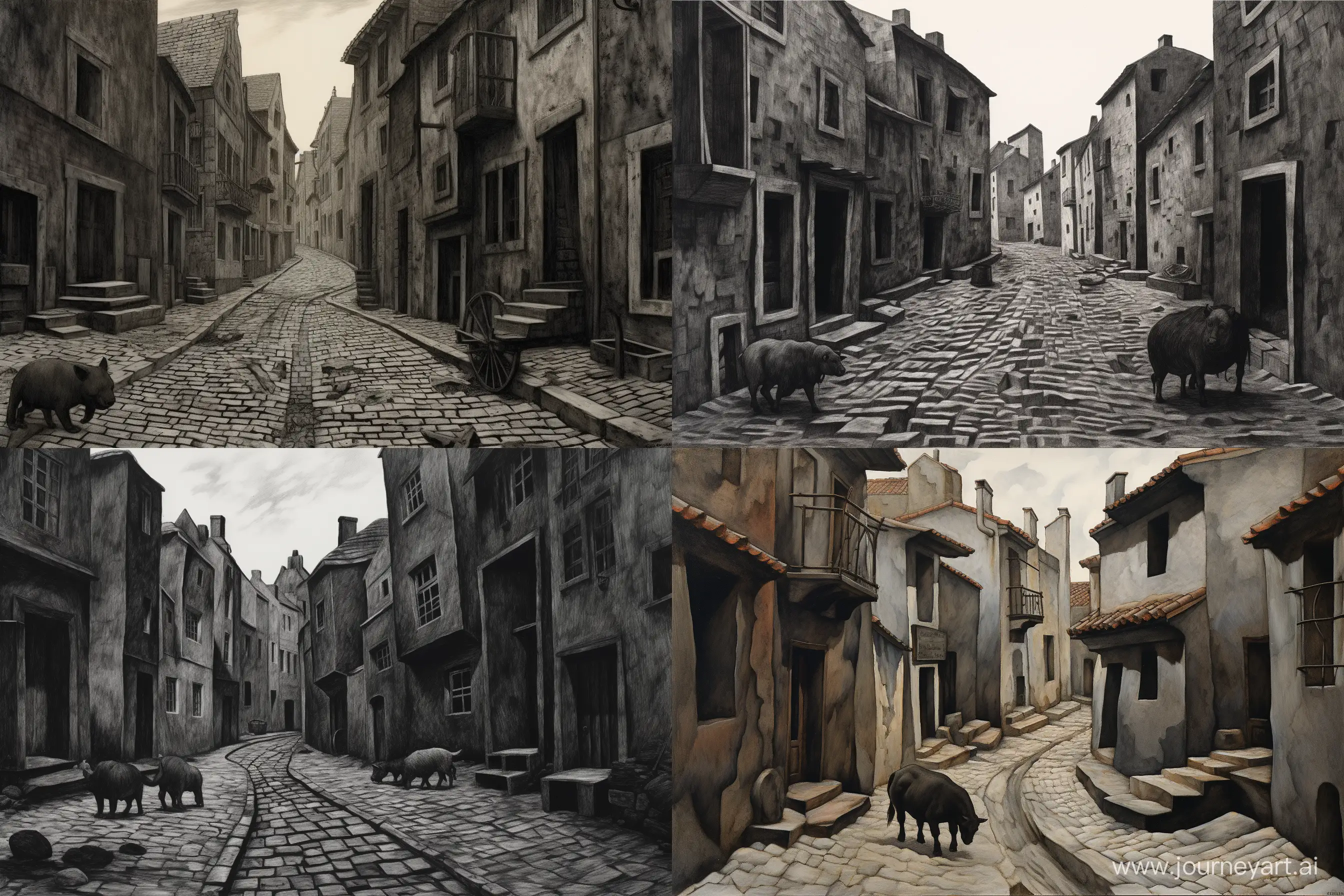 a wild pig cobblestone street in a city in 1910, dada style --ar 3:2 --v 5.2