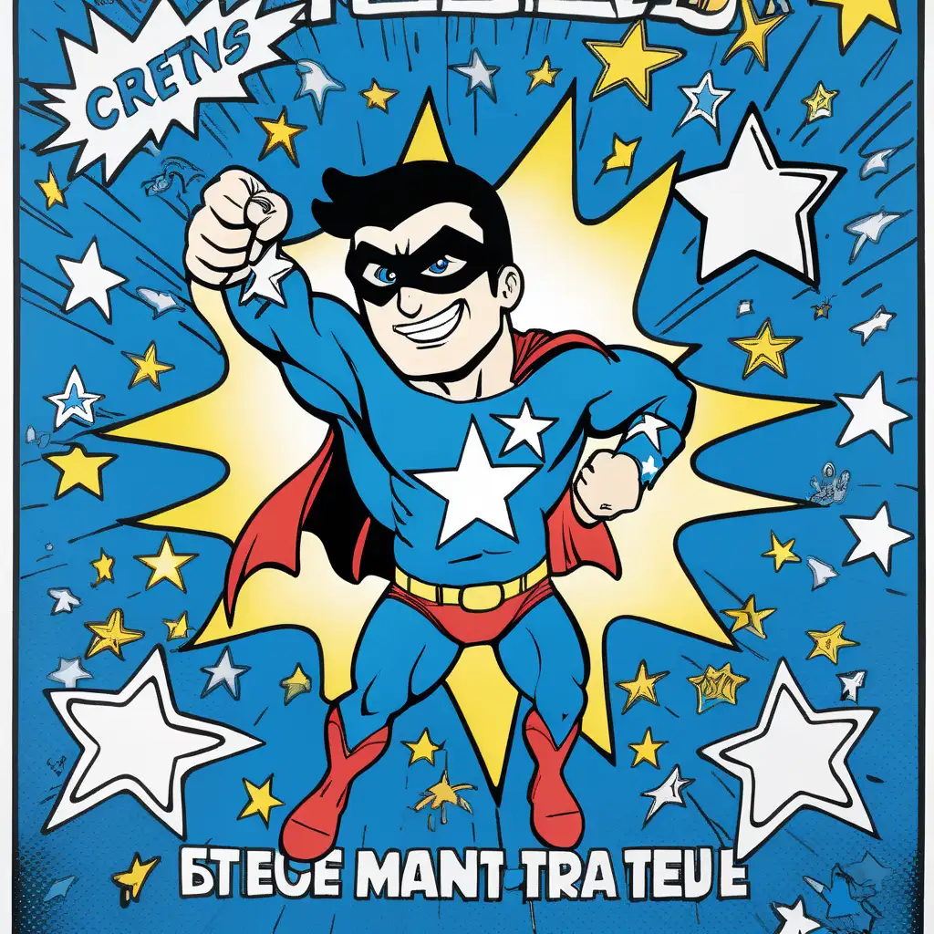 Illustrated poster, blue shade, in the center stands Super hero, Holding five stars in hand, CRE is written on his shirt