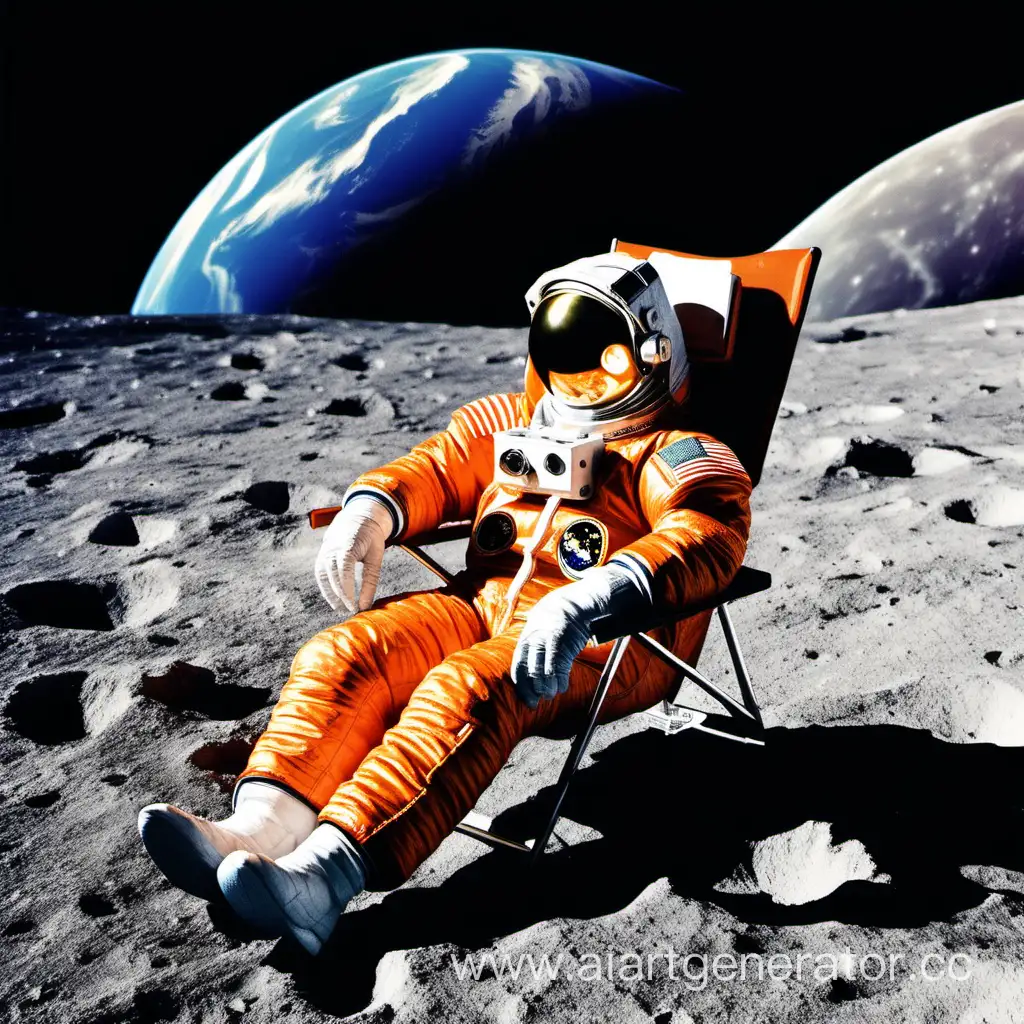 astronaut in an orange suit, lying on a sunbed, beer in his right hand, on the moon, with the earth in the background