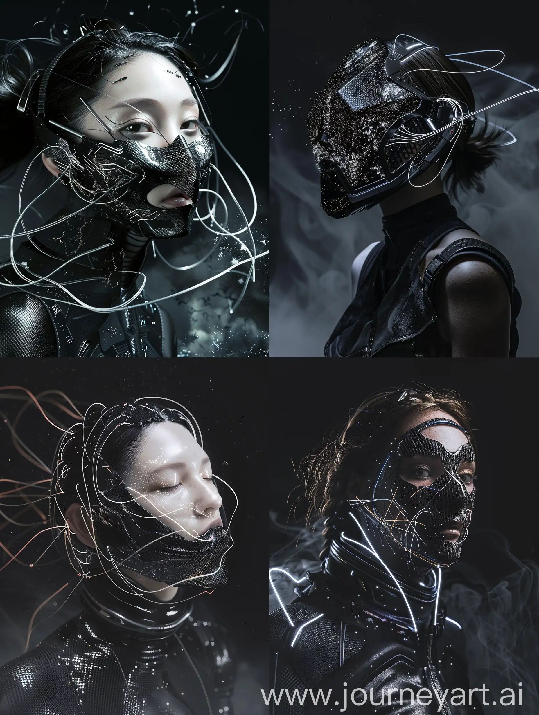 Against a sleek black backdrop, behold the captivating presence of a character adorned with a cybernetic mouth-covering mask, transcending earthly bounds with influences from the cosmos. The mask, a masterpiece of design, incorporates sleek carbon fiber textures reminiscent of celestial patterns, evoking the vastness of space. Pulsating wires trace intricate pathways across the mask, channeling cosmic energy that illuminates its contours with a celestial glow. Interwoven with these elements are sleek aluminum accents, akin to the gleaming surfaces of interstellar vessels, adding an otherworldly sophistication to the ensemble. Inspired by the limitless possibilities of space exploration, the ensemble exudes an aura of cosmic beauty and perfection, symbolizing humanity's journey into the stars. With dynamic movements reminiscent of astronauts navigating zero gravity, and cinematic haze enveloping her like cosmic mist, she stands as a beacon of the future, where humanity and the cosmos converge in breathtaking harmony.
