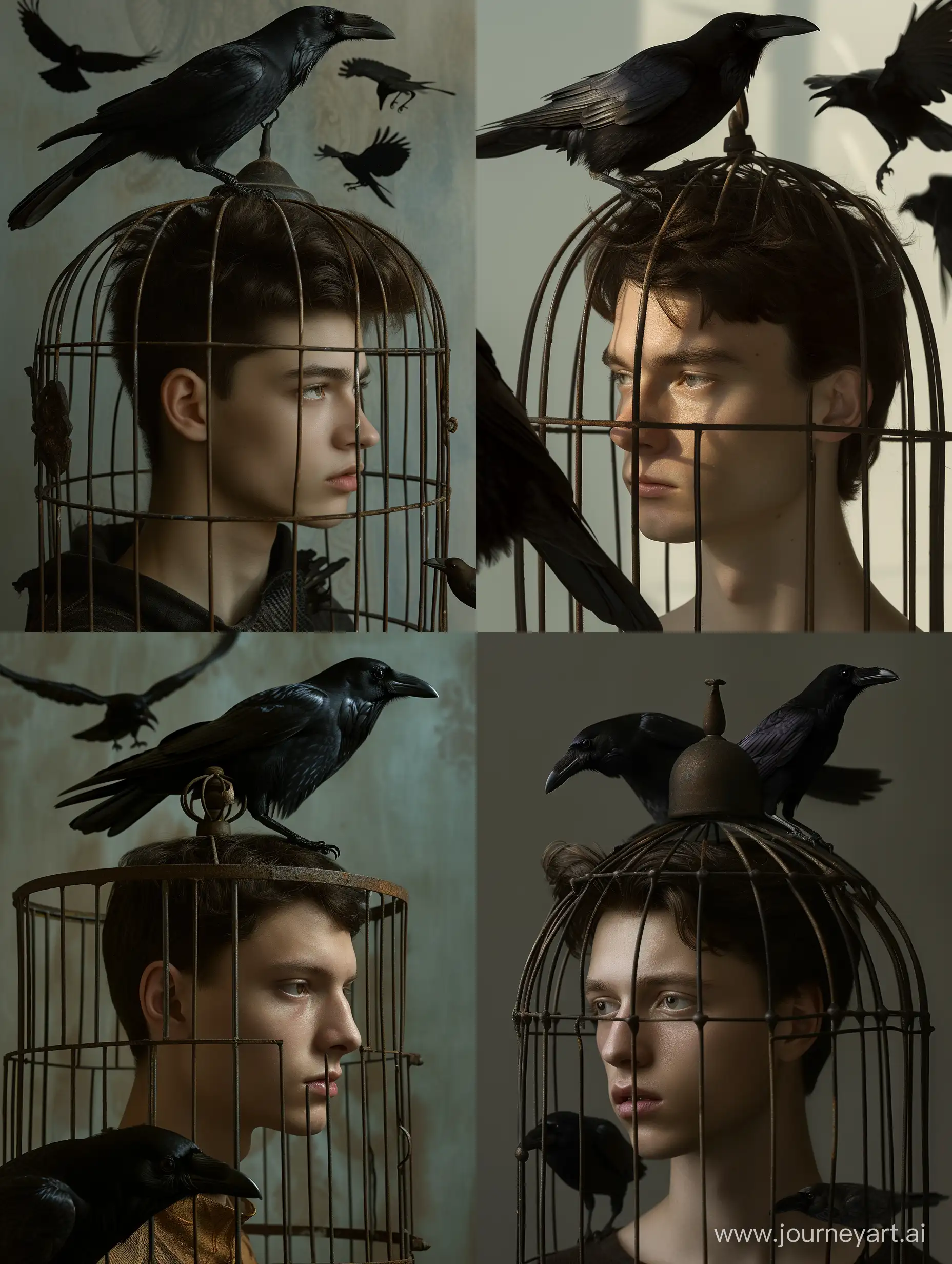 hyperrealistic photo of a thin 20-year-old Slavic man, dark brown short hair, his head and face are enclosed in a metal bird cage, a black raven sits on the dome of the cage and three black crows circle around, in the style of Annie Leibovitz, dramatic light