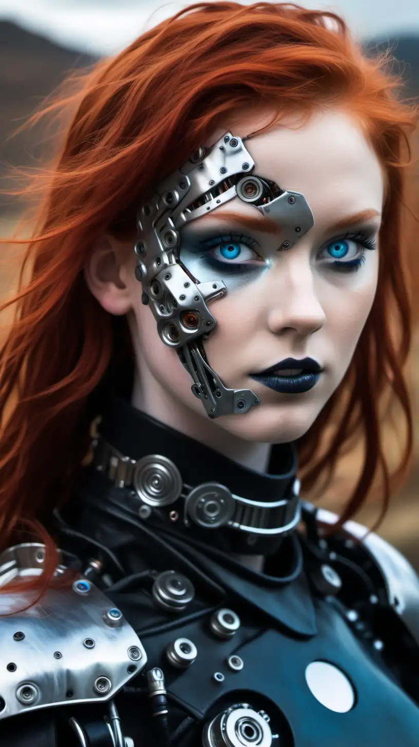 Redheaded Cyborg in Leather with Intense Gaze Amidst Scottish Highlands