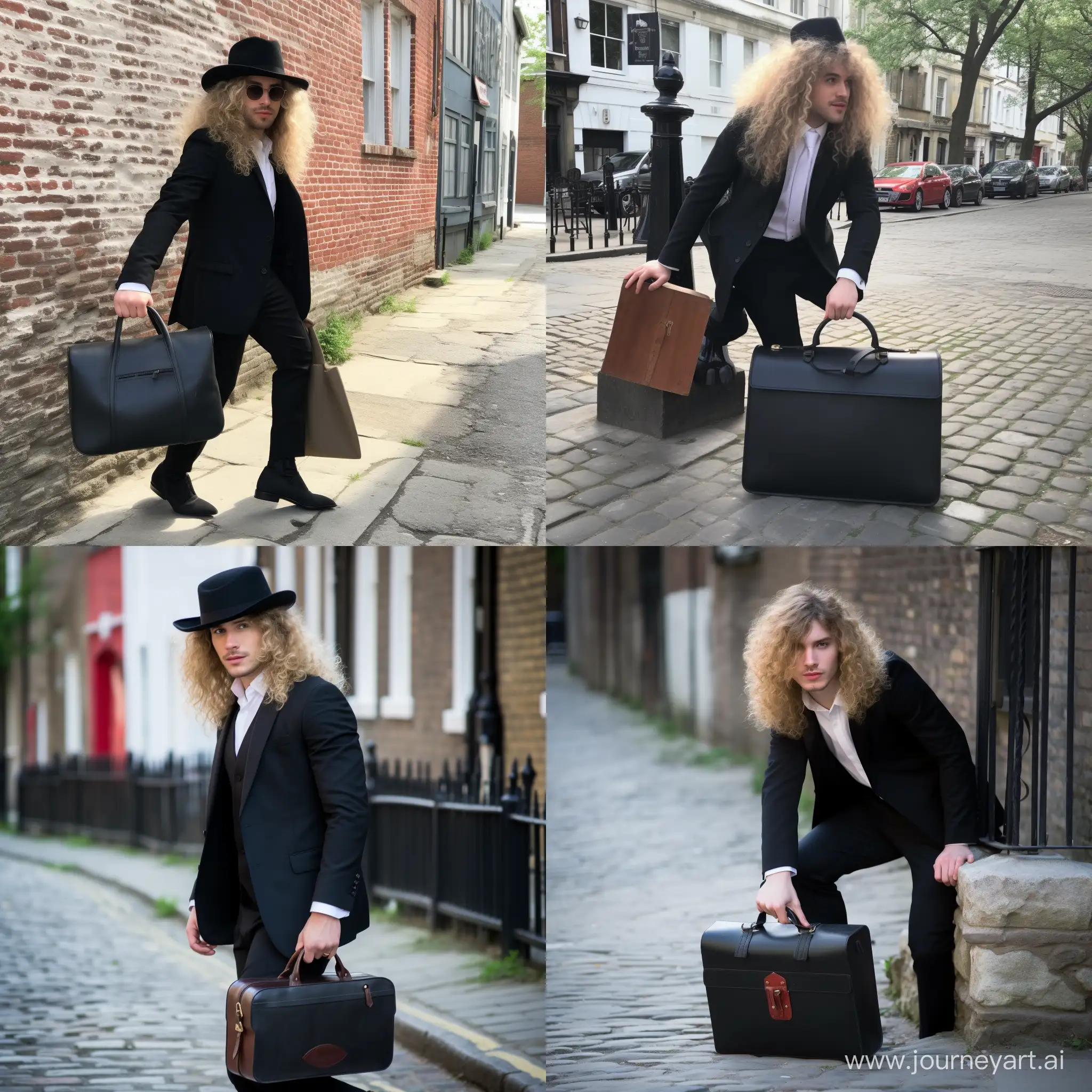 an effeminate man with long curly blonde hair going down his back, blue eyes, and pale skin, wearing a black and grey dress and bowler hat with a white undershirt and red bowtie, carrying one giant, old timey black gladstone bag with golden hinges, carrying the bag with both hands on the holding strap, walking down a cobbled street.