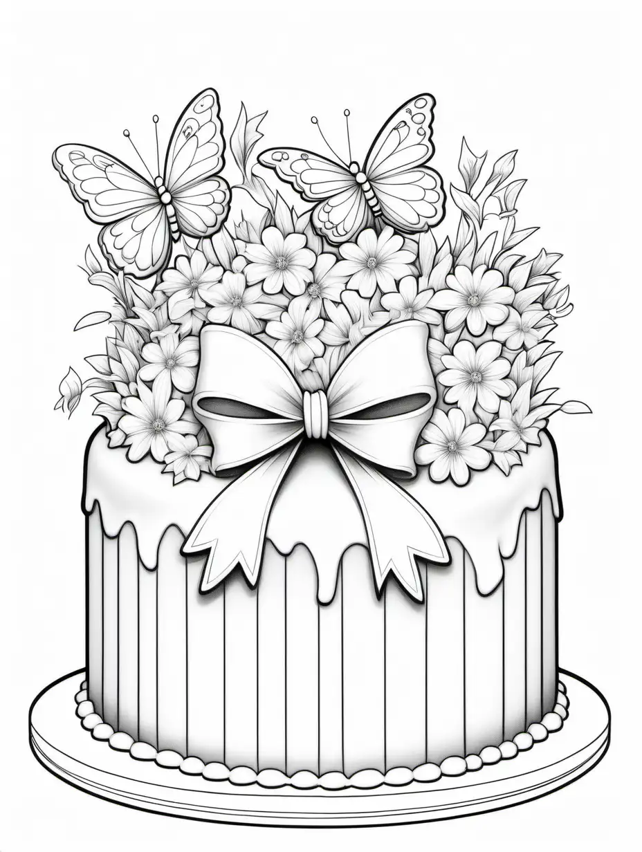 Colouring book, White cake, with a single elegant white bow, tiny little flowers and butterflies clean lines, minimalist, black and white, a visually stunning cake ,colouring book , white background, 