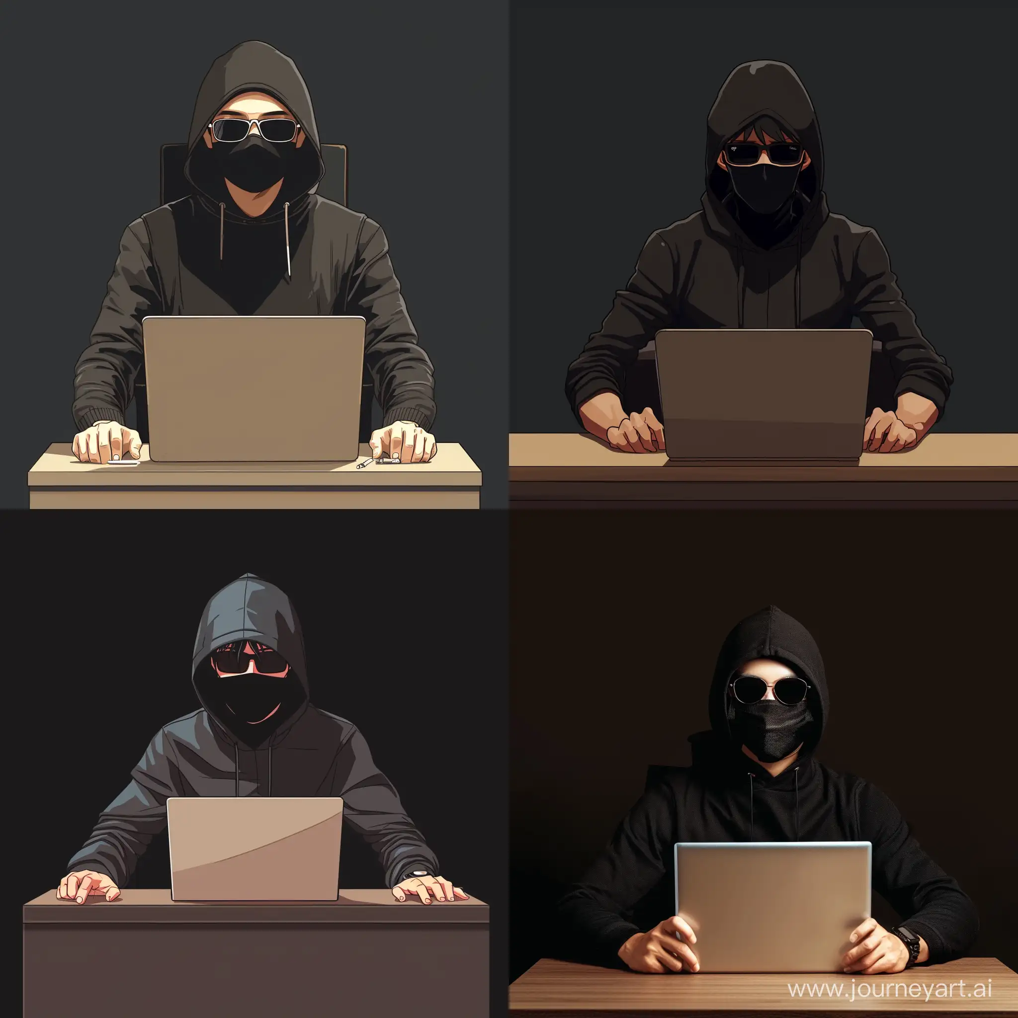 An anime-friendly male business figure wearing a black face mask, black hoodie and sunglasses. He's sitting behind his laptop in his desk, his arms on his desk. It's the night. Room Size Lighting. It faces the camera, looks directly and centrally, central image, sitting straight, front view, positioned straight. The overall ambience of the image should convey a link to minimalism, flat clarification, bold line, simplicity, simplicity, and gouache clarification. Resolution 8K