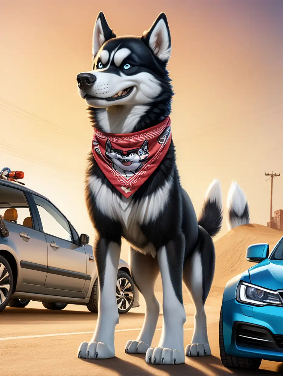 an anthropomorphic gigantic buff black husky dog sitting by a 12V kids electric car. beautiful eyes. spiked dog collar. wearing a transgender pride bandana/scarf on its collar. similar size to clifford the dog. very muscular build. large body. broad shoulders. very intricately and microscopically detailed. emphasizing the muscular build of the dog. highlighting the giant size of the dog and the small car. emphasizing the size difference. The key accessory is the husky. ferociously snarling