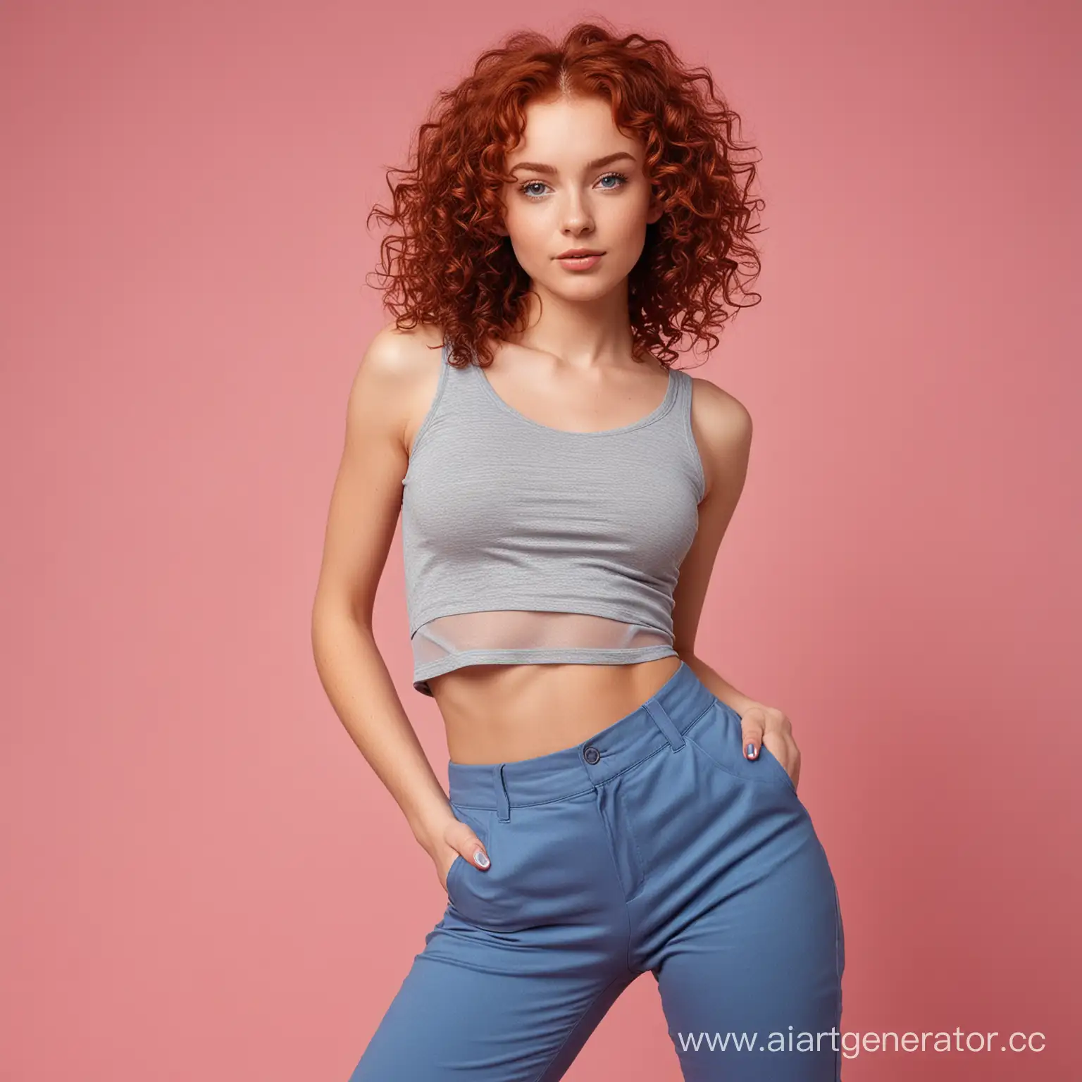 Portrait-of-a-Girl-with-Curly-Red-Hair-and-Gray-Eyes-on-Pink-Background