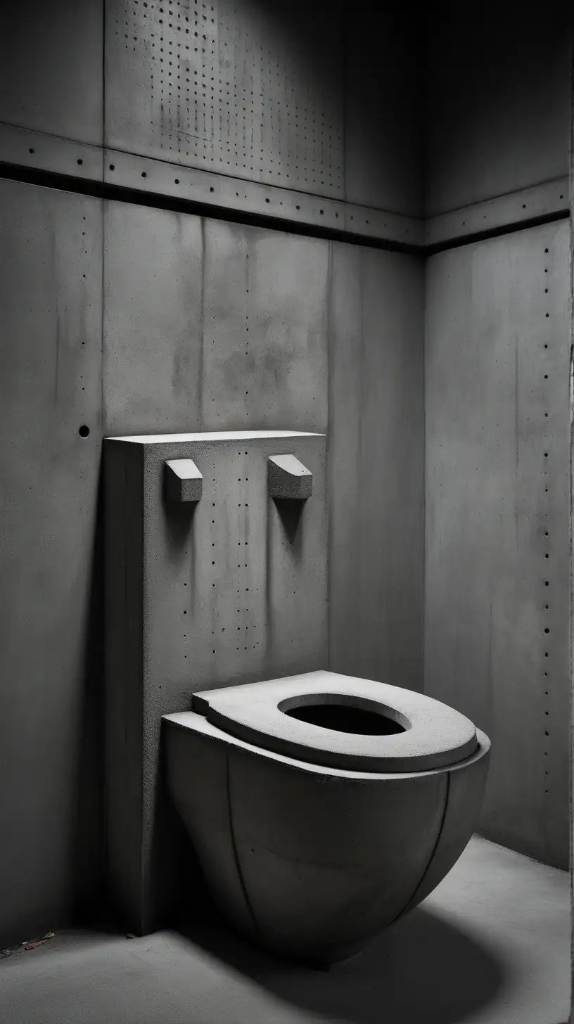 Brutalist Toilet, a toilet made of concrete, in a brutalist architectural style, stark
