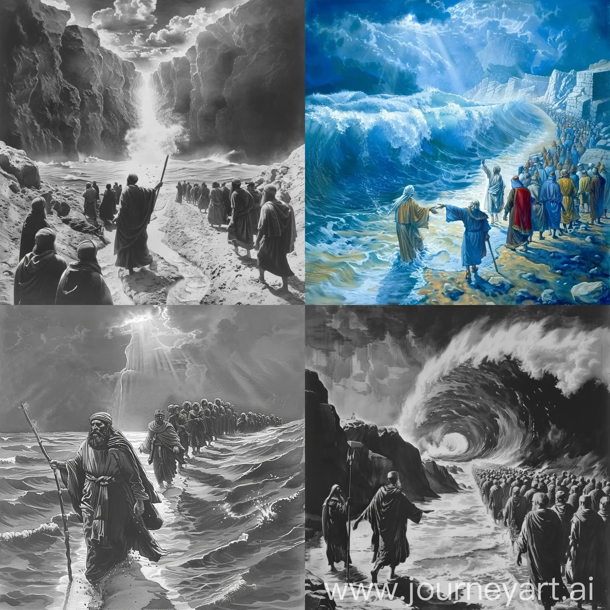 Moses parting the ocean, Israelites walking thru a clear pathway 