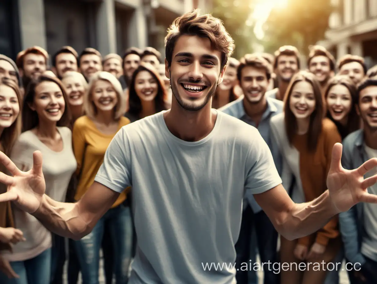 realistic, A friendly beautiful guy stands in the middle, People around him are reaching out to him and smiling