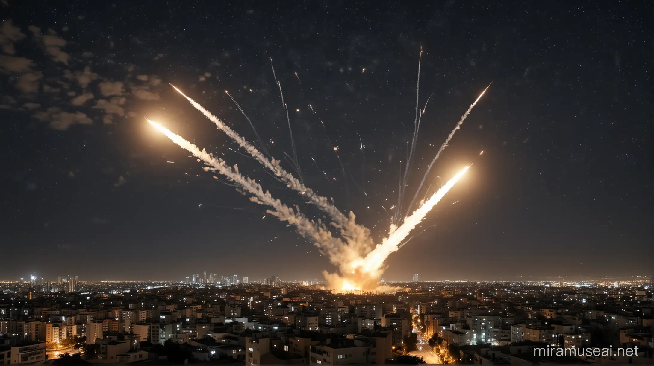 
Missiles intercepted in the air by anti-missiles of the iron dome, 21st century era, Israel, explosions in the night sky in the city of Tel Aviv capital of Israel, frontal, hyper-realistic, photo realism, cinematography