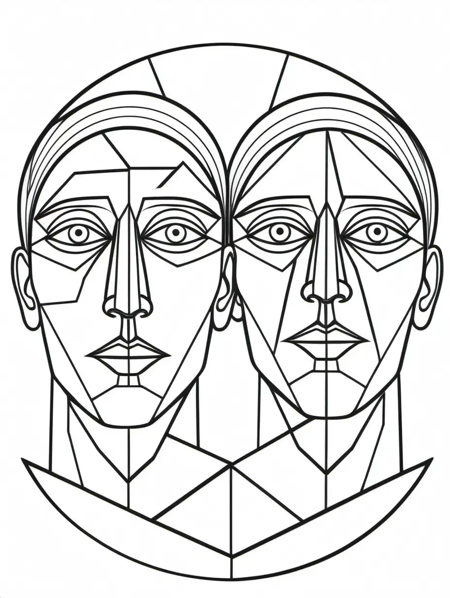 Create a colouring page of faces, male , mirror effect,use geometric figures,black and white, in the style abstract minimalism, white background geometric,simple colouring page