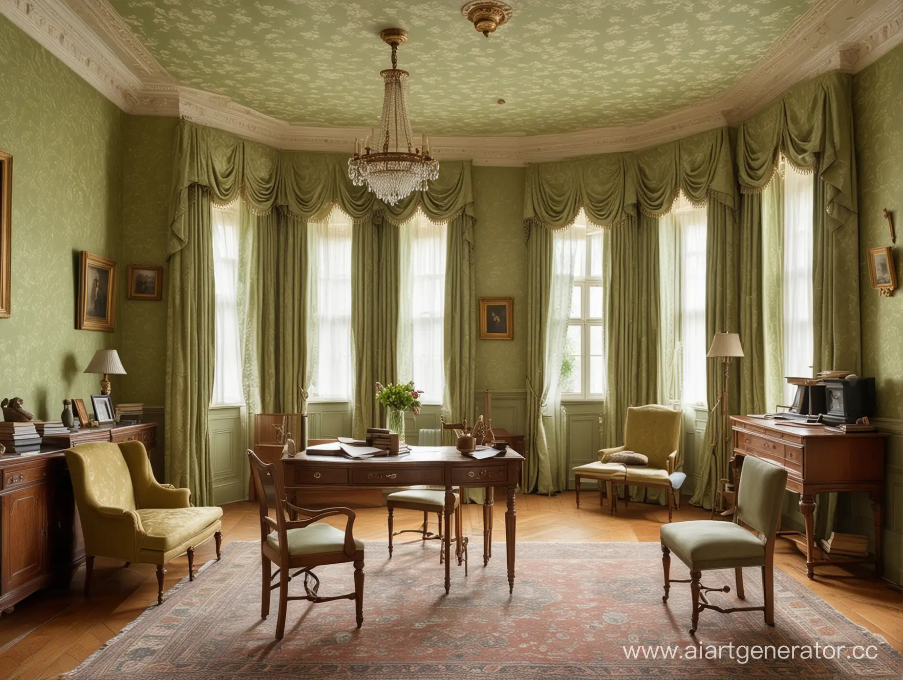 Victorian-Aristocrats-Study-with-Oak-Furniture-and-PistachioColored-Wallpaper